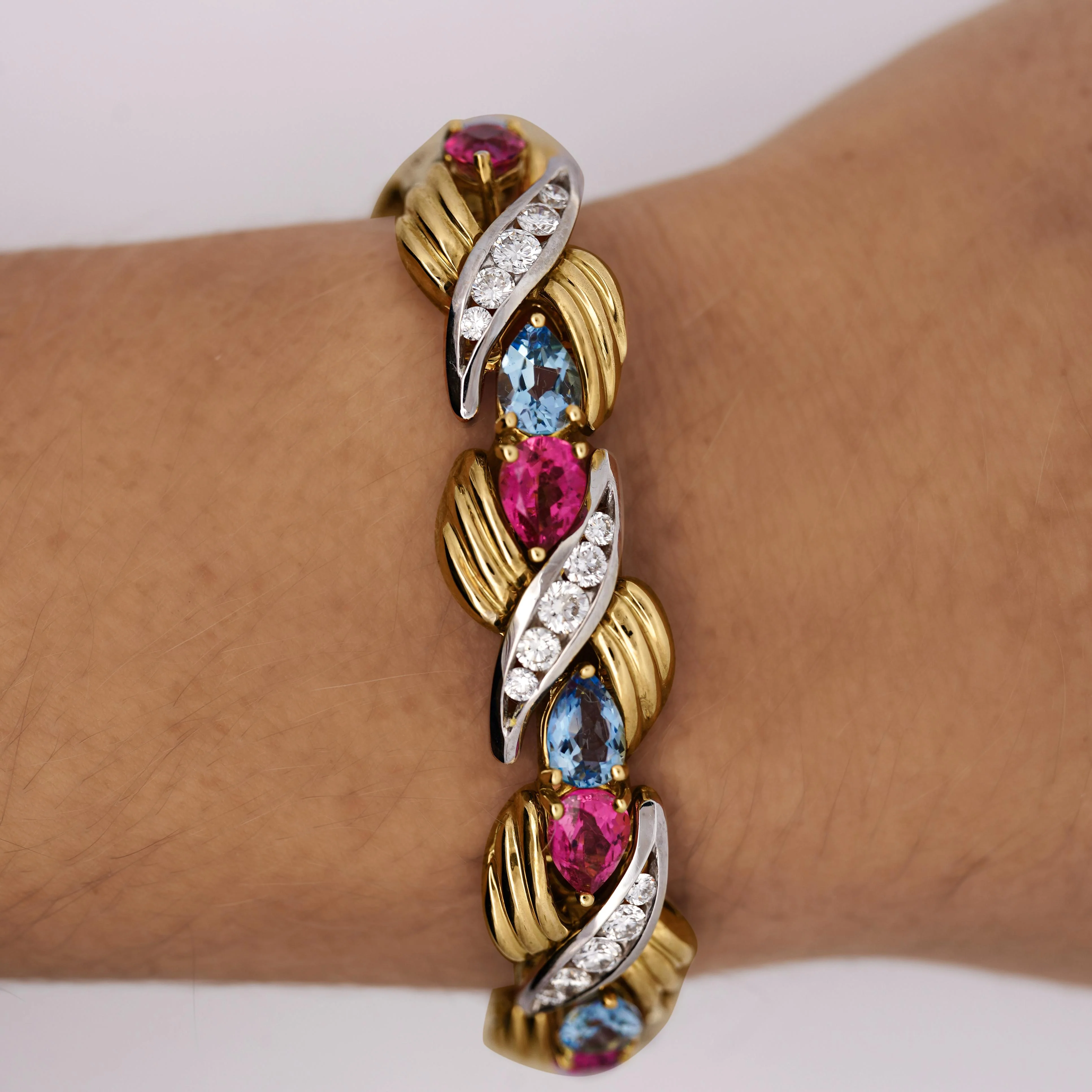25 Carat Aquamarine, Tourmaline, & Diamond 18K Gold Platinum Retro Bracelet - Image 2