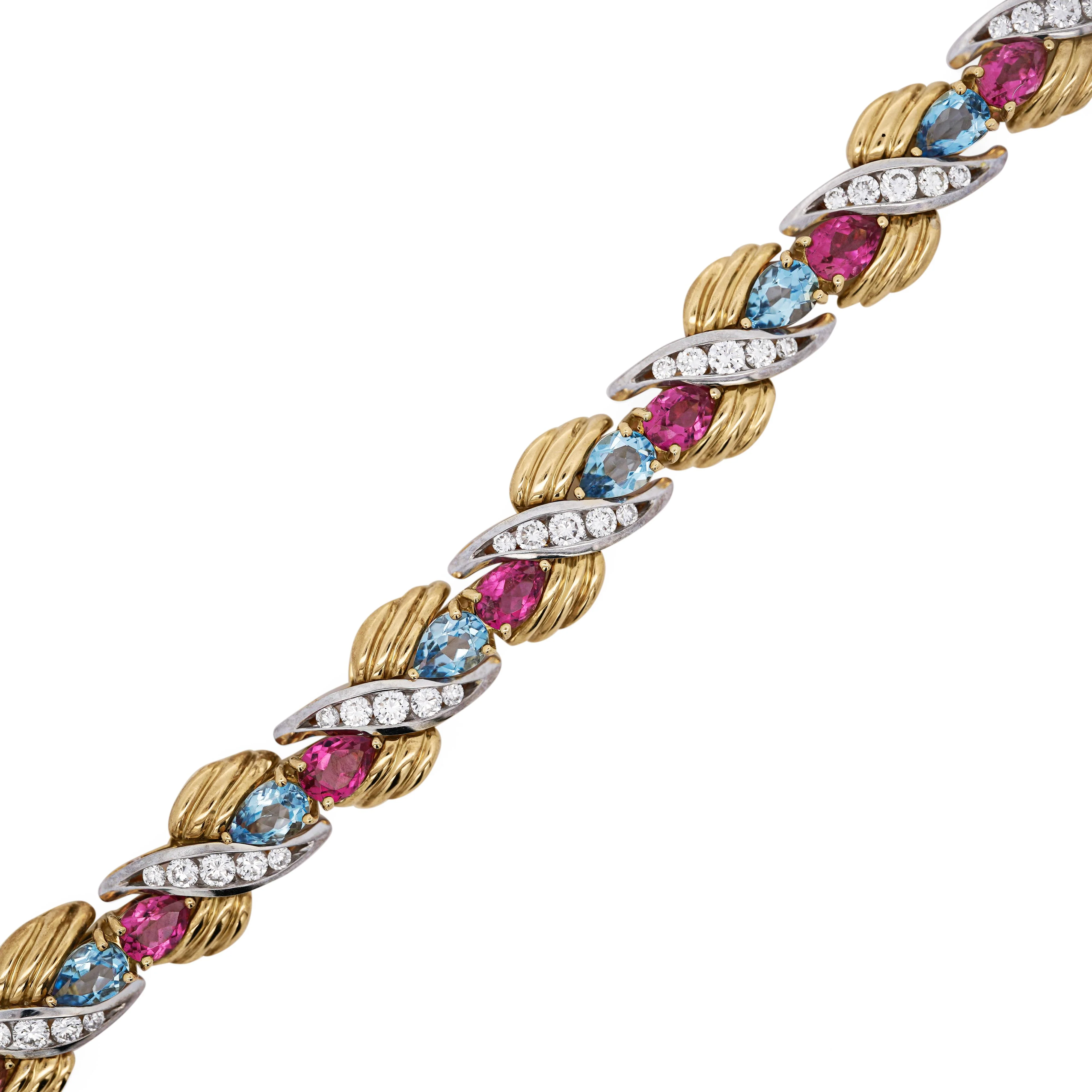25 Carat Aquamarine, Tourmaline, & Diamond 18K Gold Platinum Retro Bracelet - Image 3