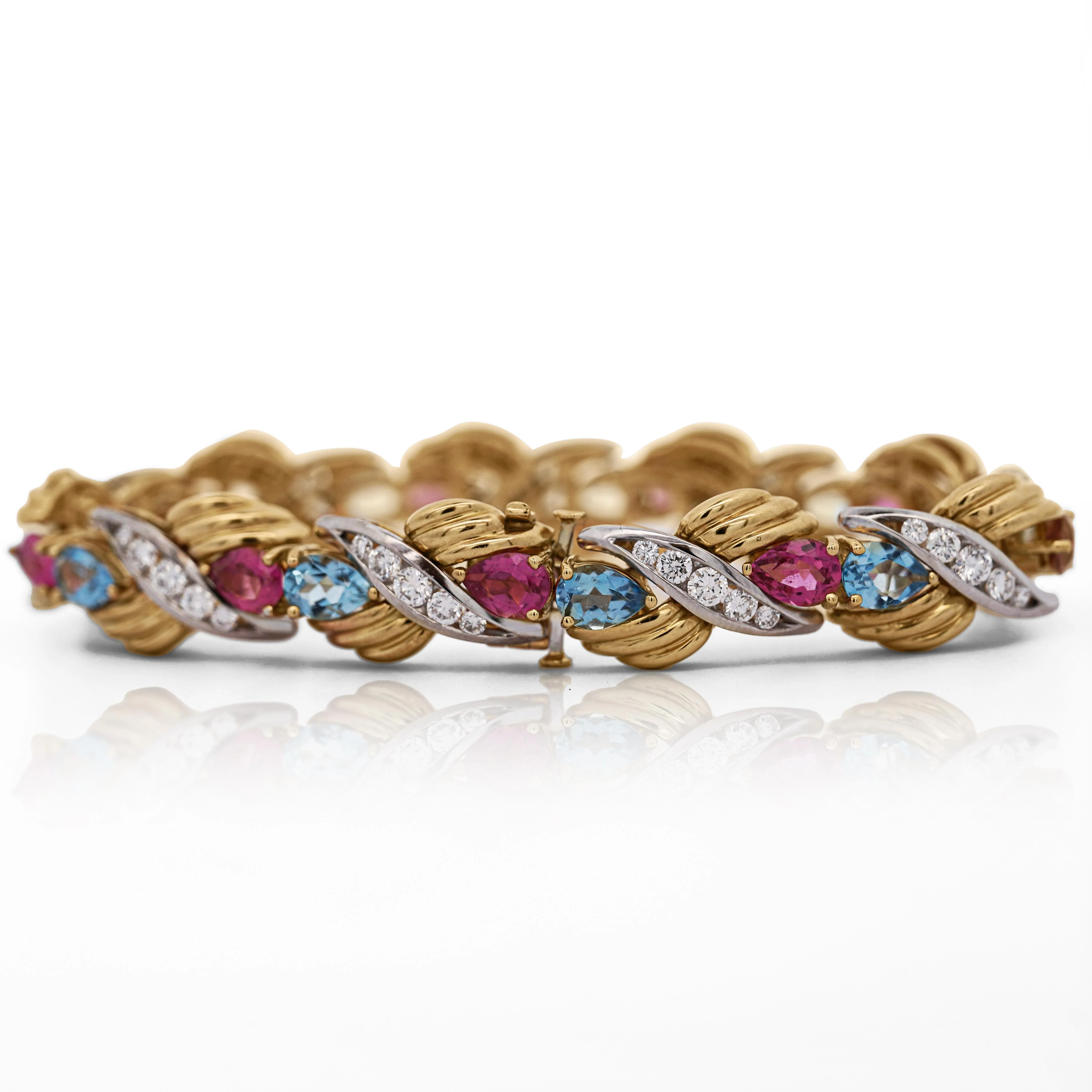 25 Carat Aquamarine, Tourmaline, & Diamond 18K Gold Platinum Retro Bracelet - Image 4