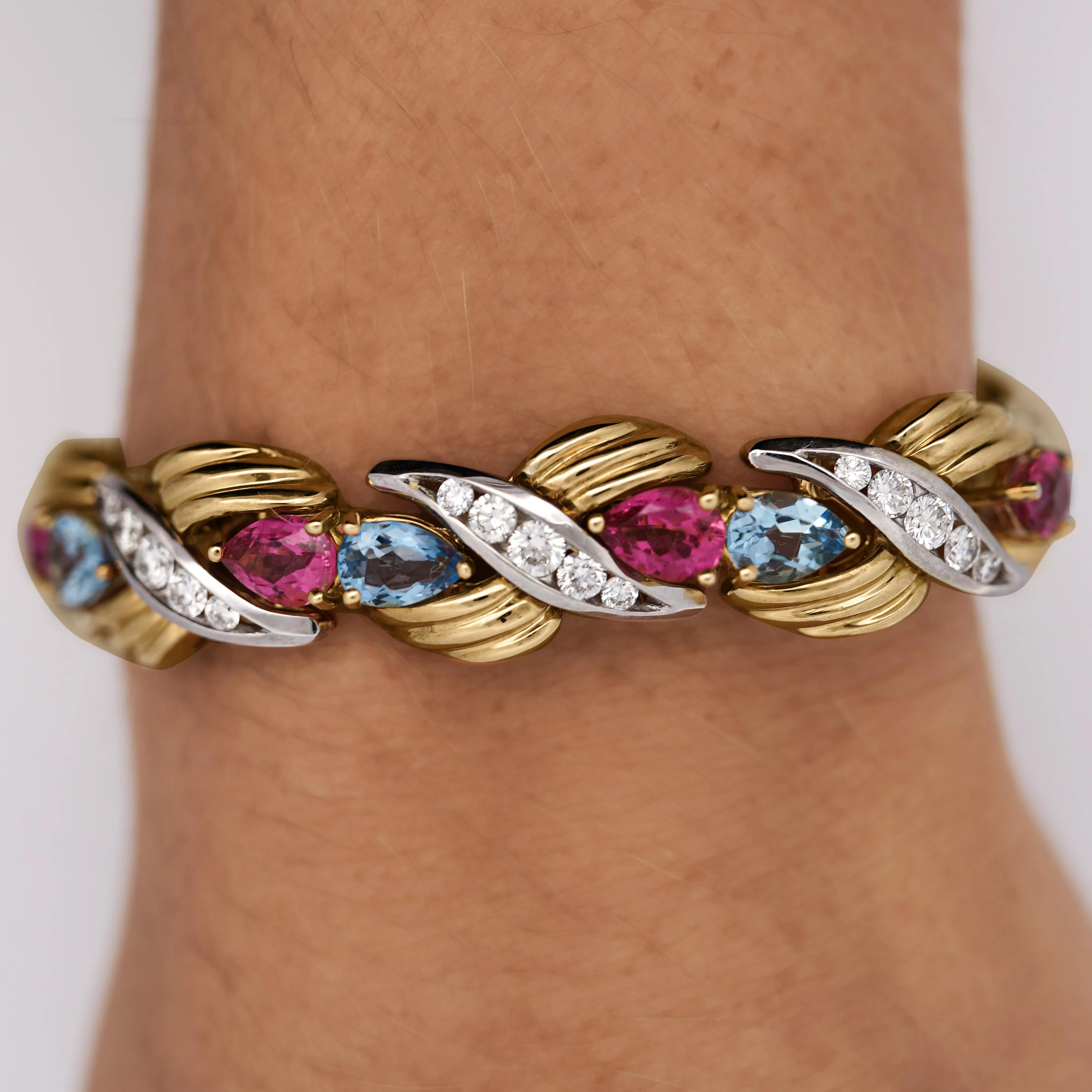 25 Carat Aquamarine, Tourmaline, & Diamond 18K Gold Platinum Retro Bracelet - Image 5