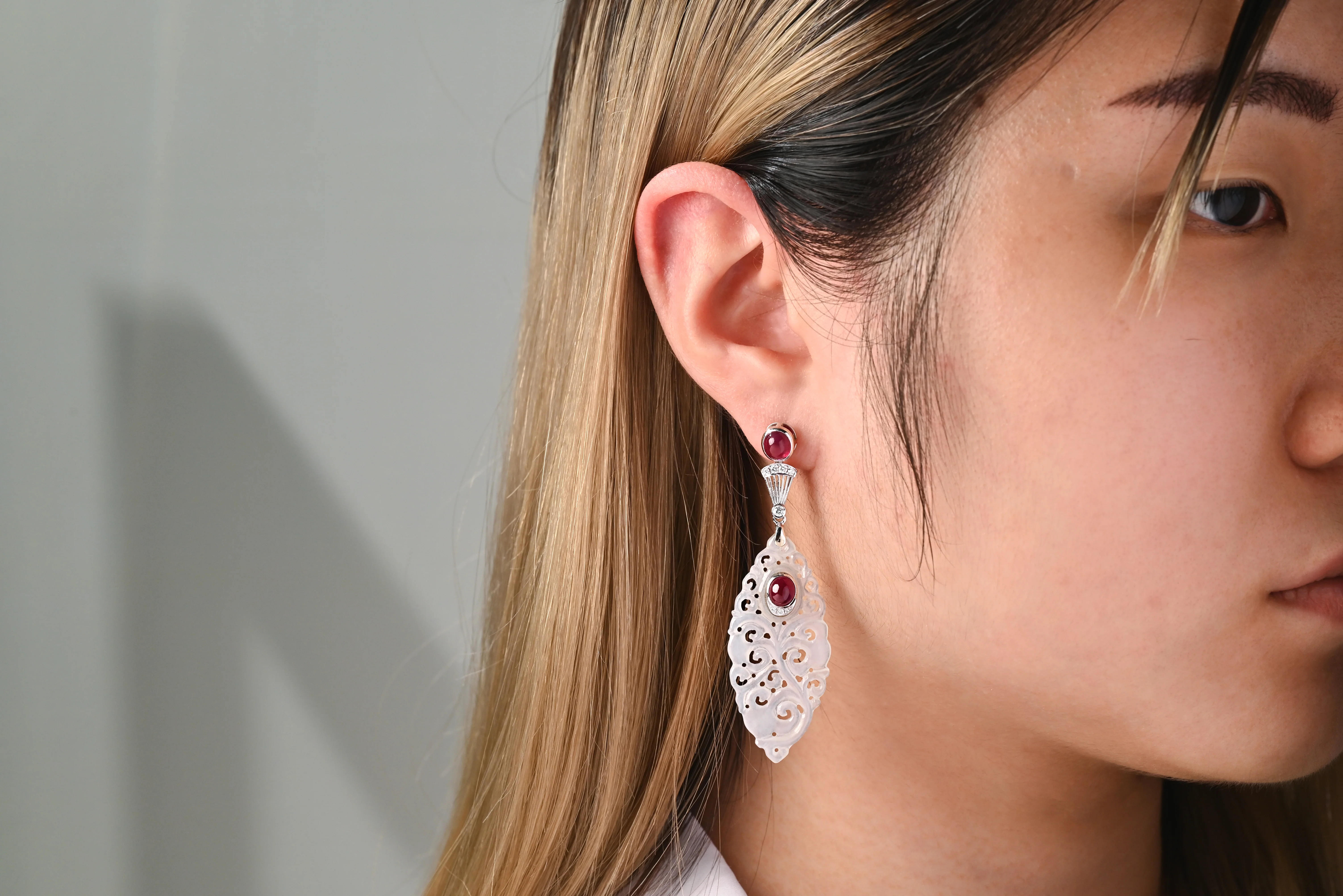 27.48 Carat Carved Grade A Lavender Jade Drop Earrings with Rubies & Diamonds - Image 2