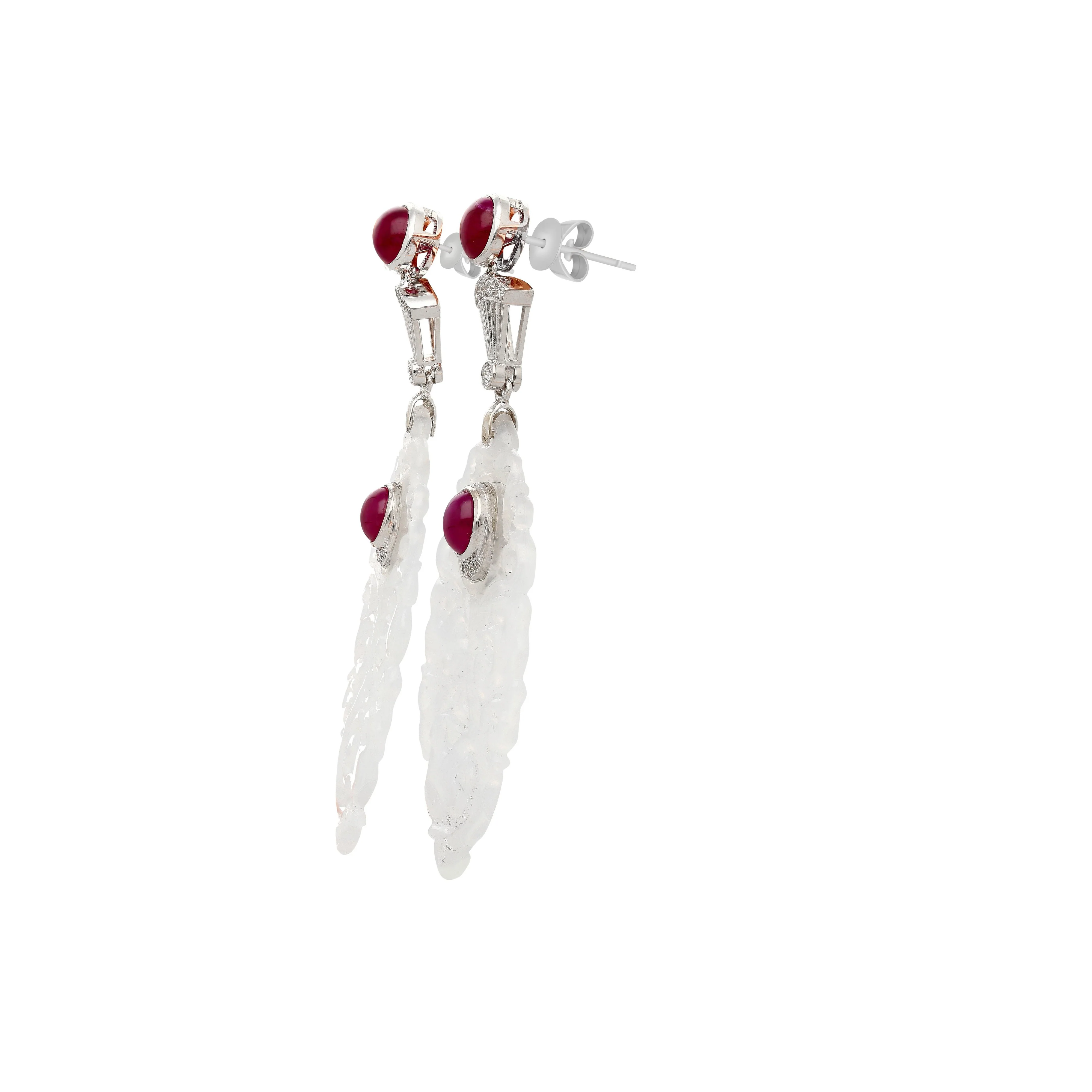 27.48 Carat Carved Grade A Lavender Jade Drop Earrings with Rubies & Diamonds - Image 4