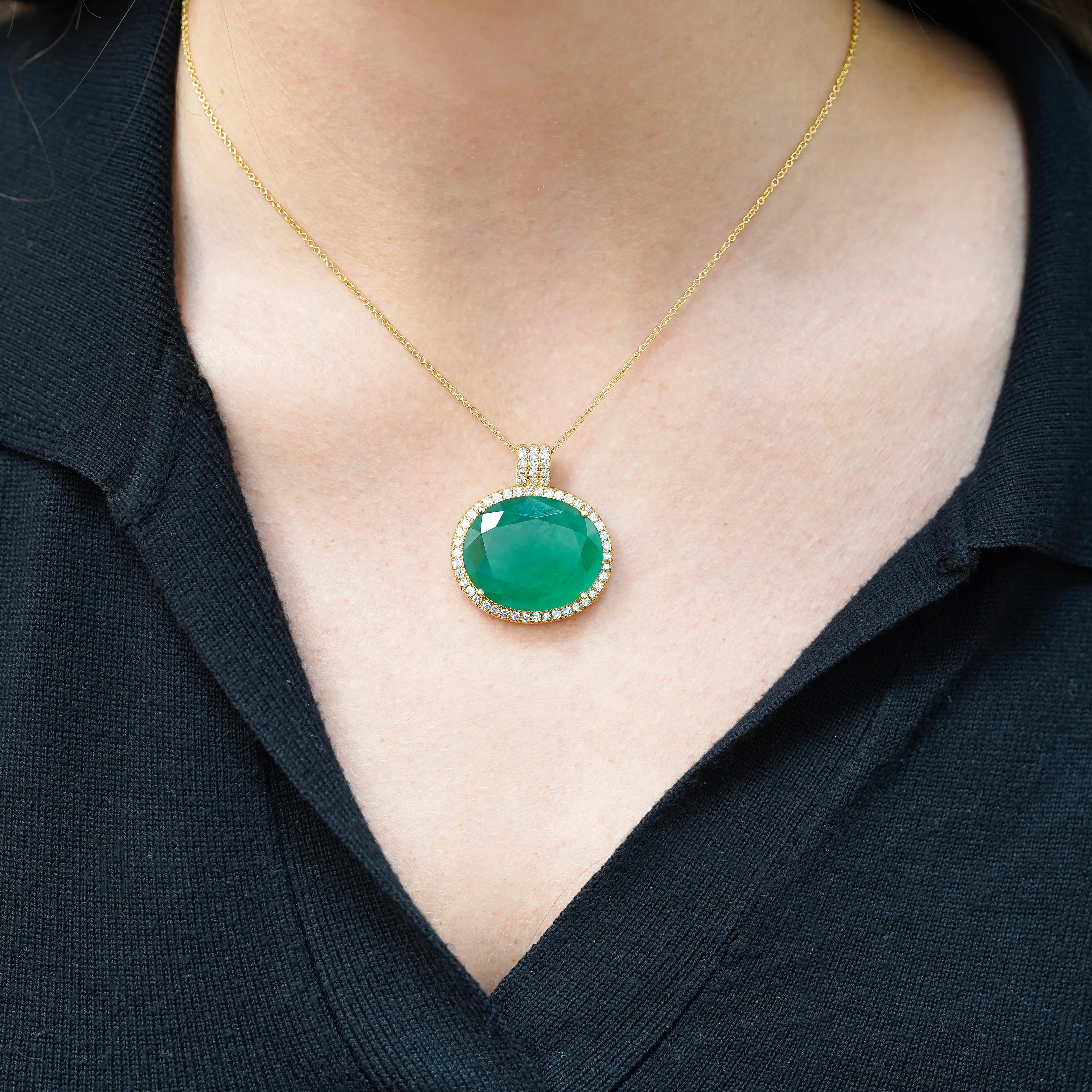 28.56 Carat Oval Cut Emerald & Diamond Halo 18K Gold Pendant Necklace - Image 2