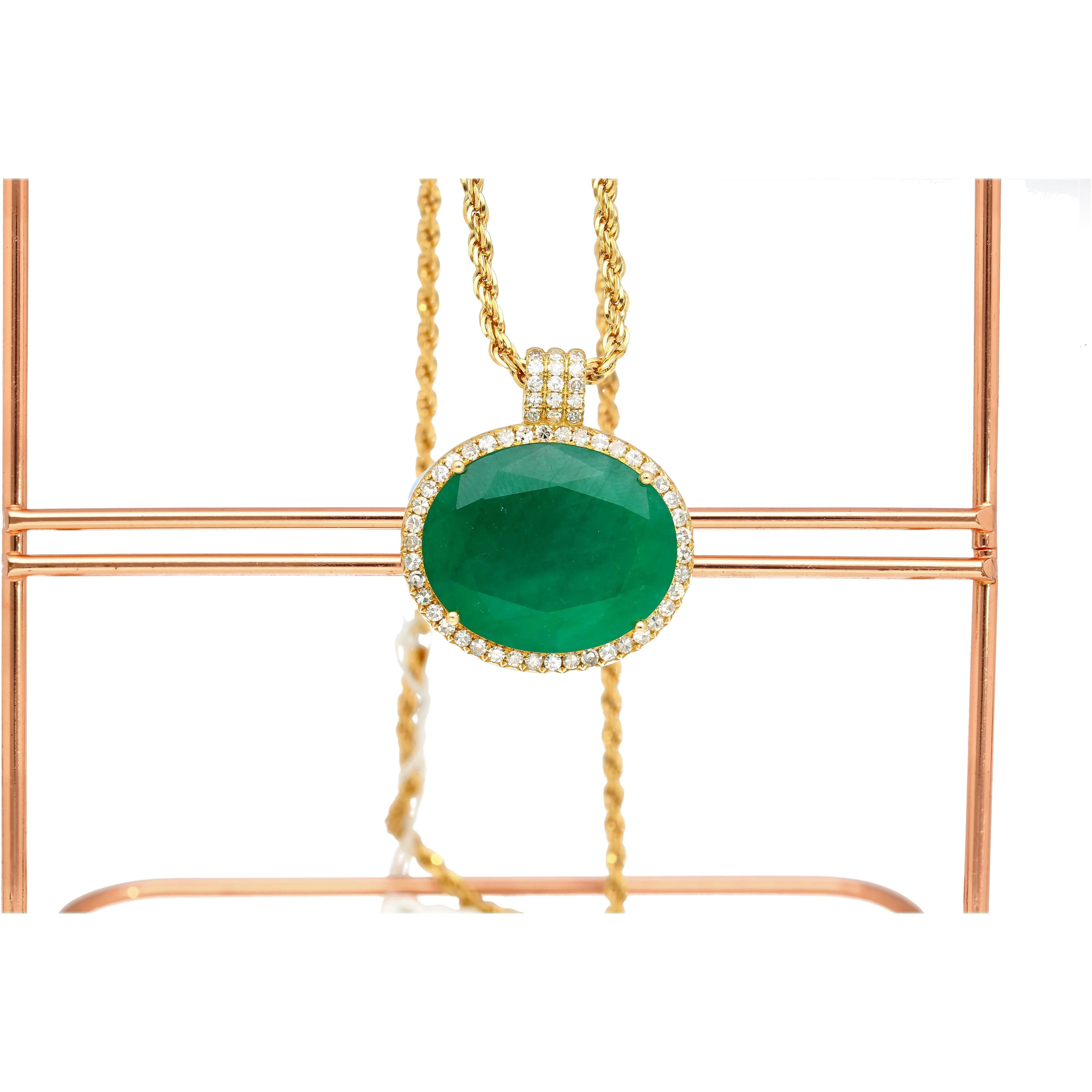 28.56 Carat Oval Cut Emerald & Diamond Halo 18K Gold Pendant Necklace - Image 6