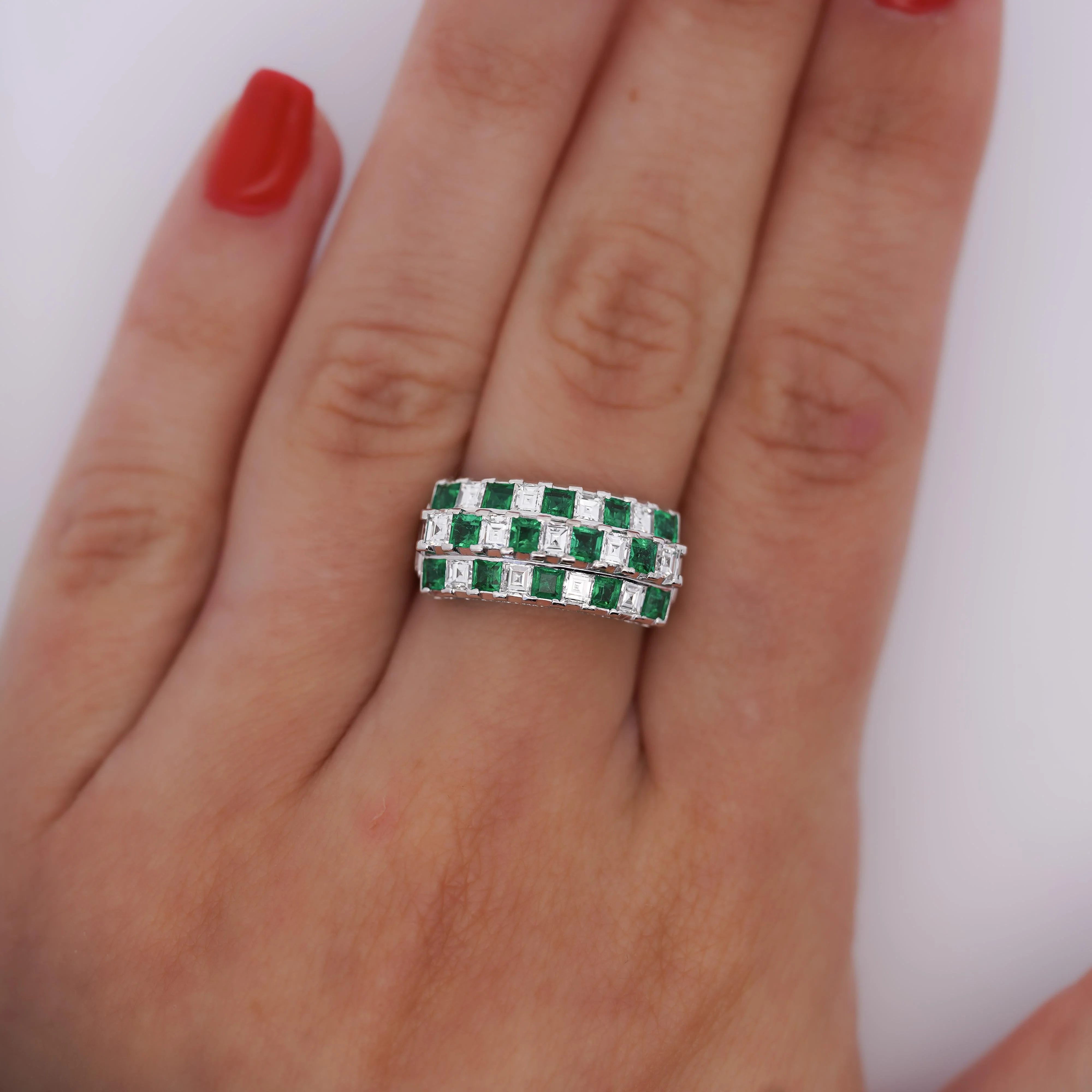 2 Carat Asscher Cut Emerald & Diamond Checkerboard Statement Ring - Image 3