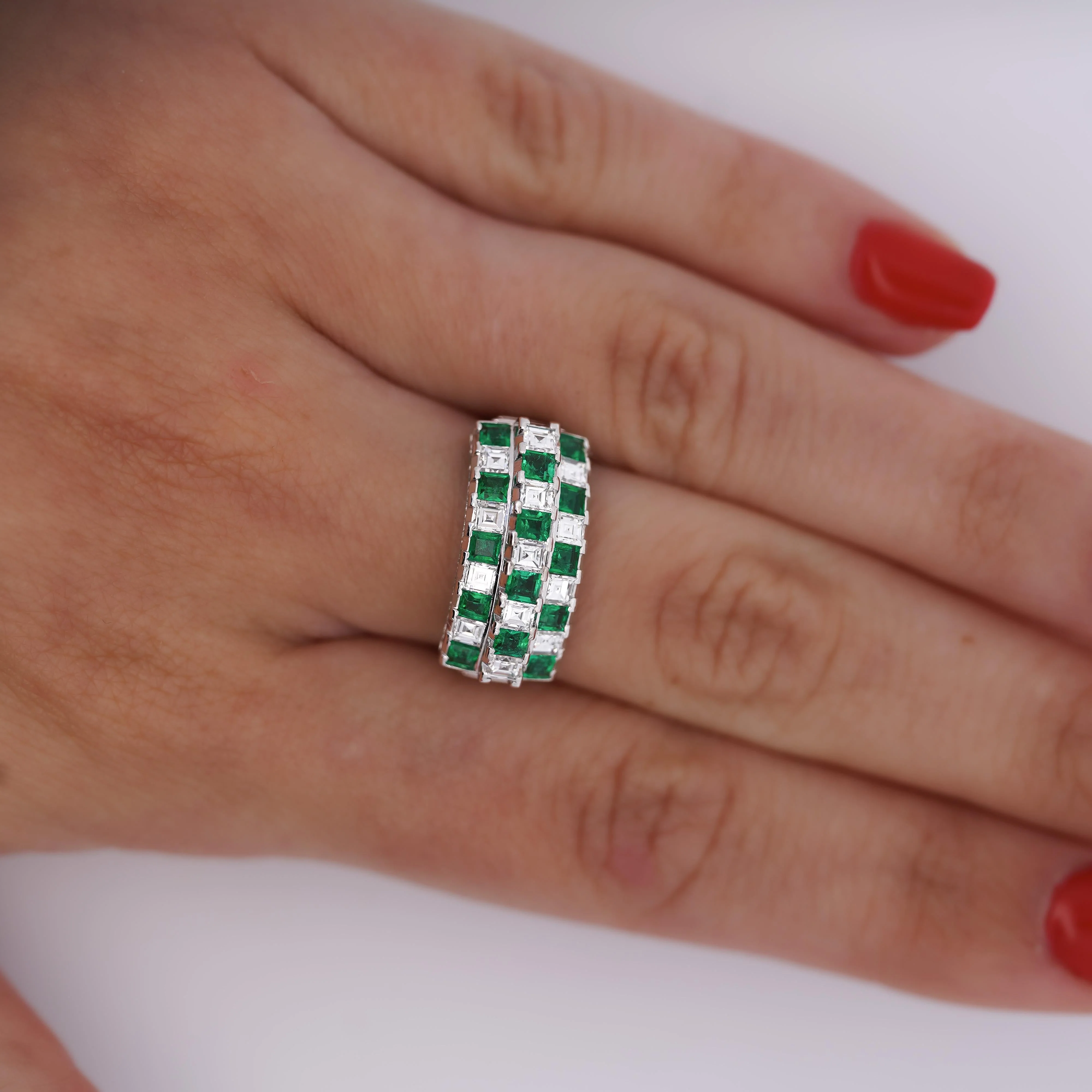 2 Carat Asscher Cut Emerald & Diamond Checkerboard Statement Ring - Image 4
