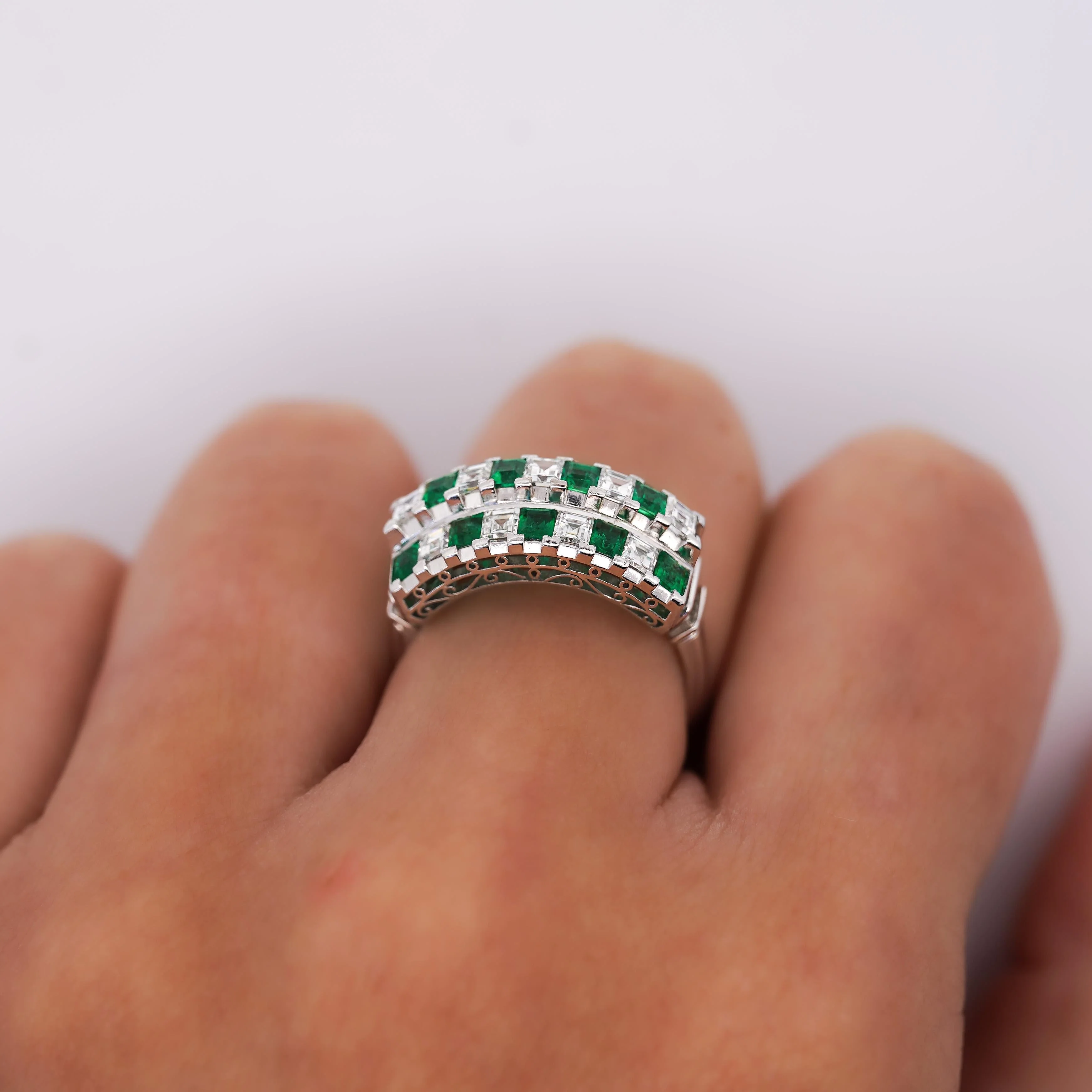 2 Carat Asscher Cut Emerald & Diamond Checkerboard Statement Ring - Image 6