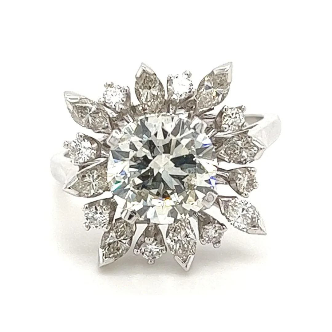 3.01 Carat Round Cut Lab Grown Diamond Ring With Marquise Cut Diamond Halo