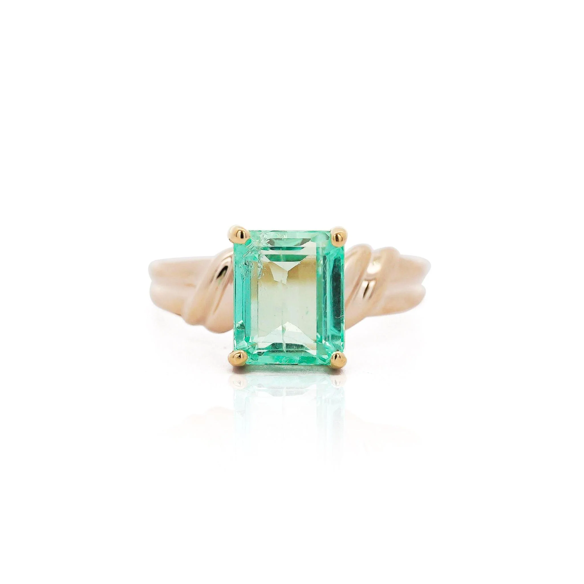 3.04 Carat Emerald Cut Emerald 14K Yellow Gold Curved Shank Solitaire Ring