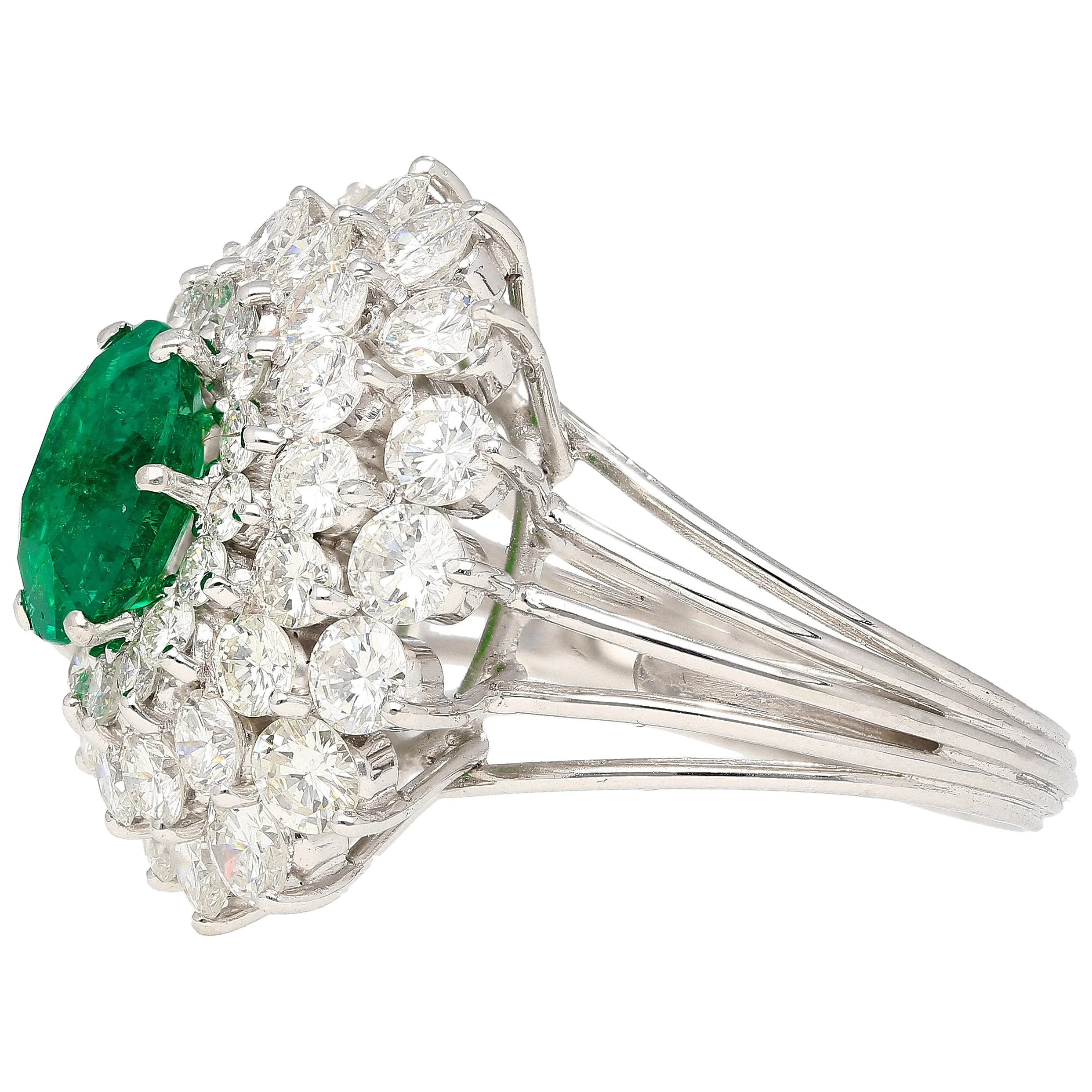 3.19 Carat Oval Cut Emerald Minor Oil & Diamond Cluster Platinum Vintage Ring - Image 2