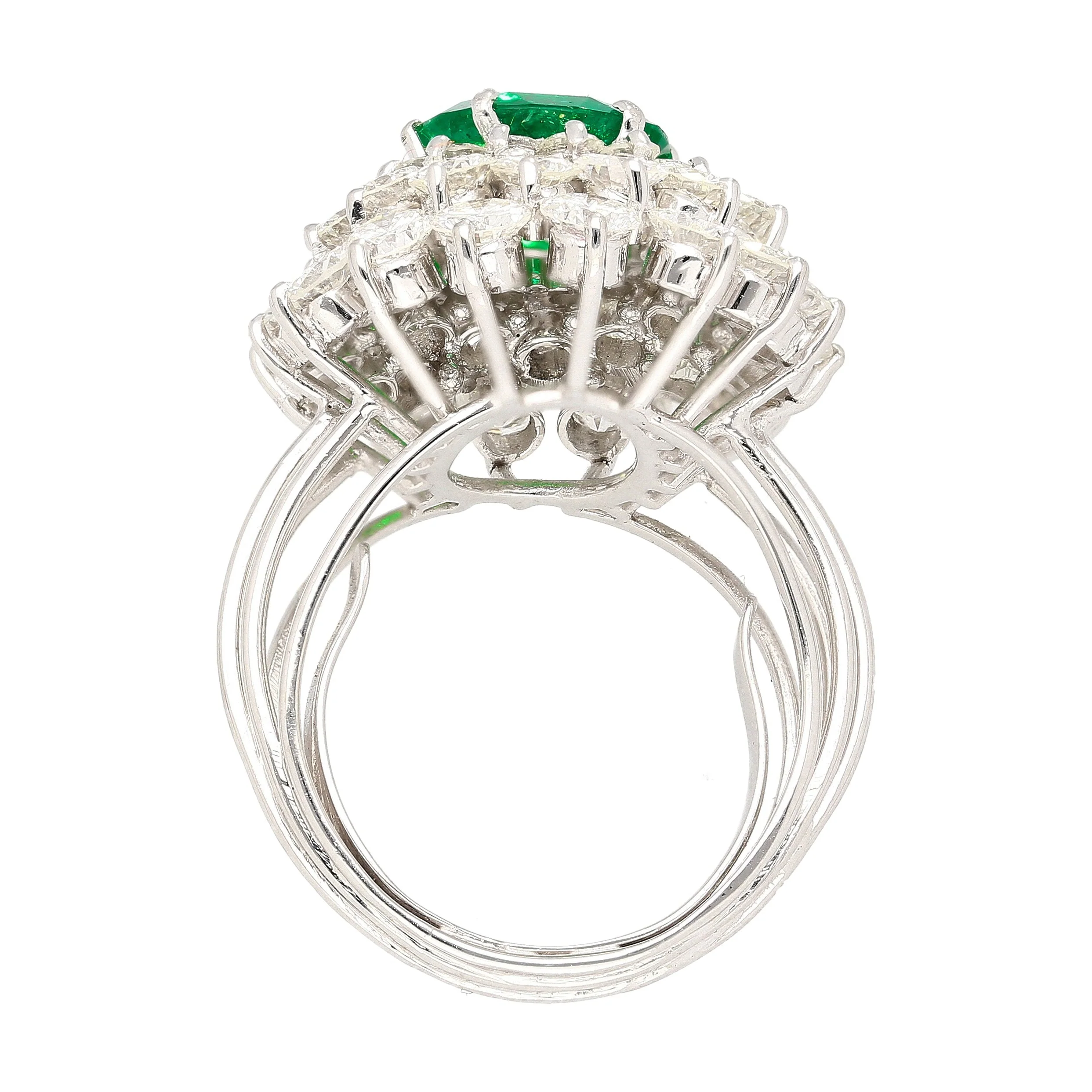 3.19 Carat Oval Cut Emerald Minor Oil & Diamond Cluster Platinum Vintage Ring - Image 3