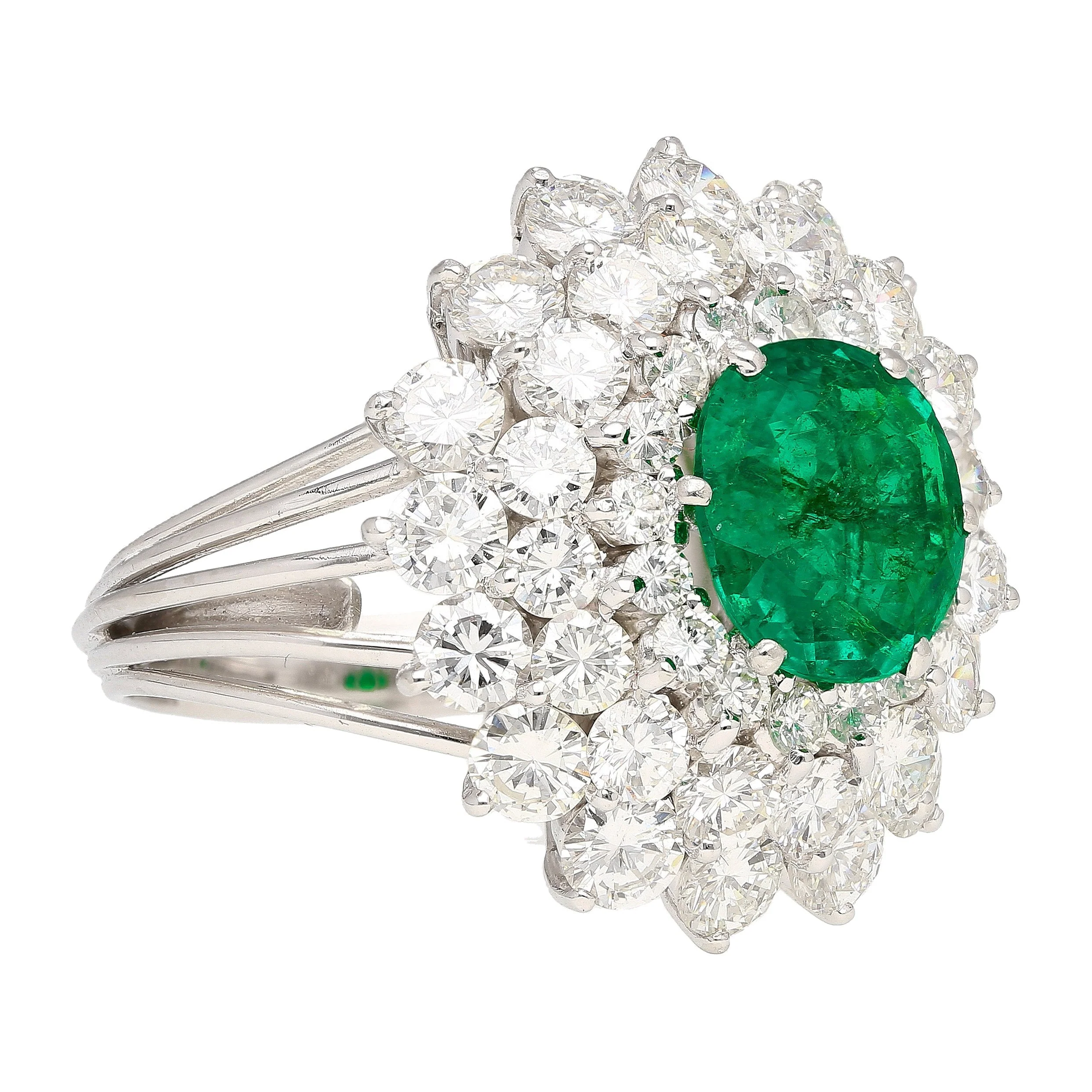 3.19 Carat Oval Cut Emerald Minor Oil & Diamond Cluster Platinum Vintage Ring - Image 4