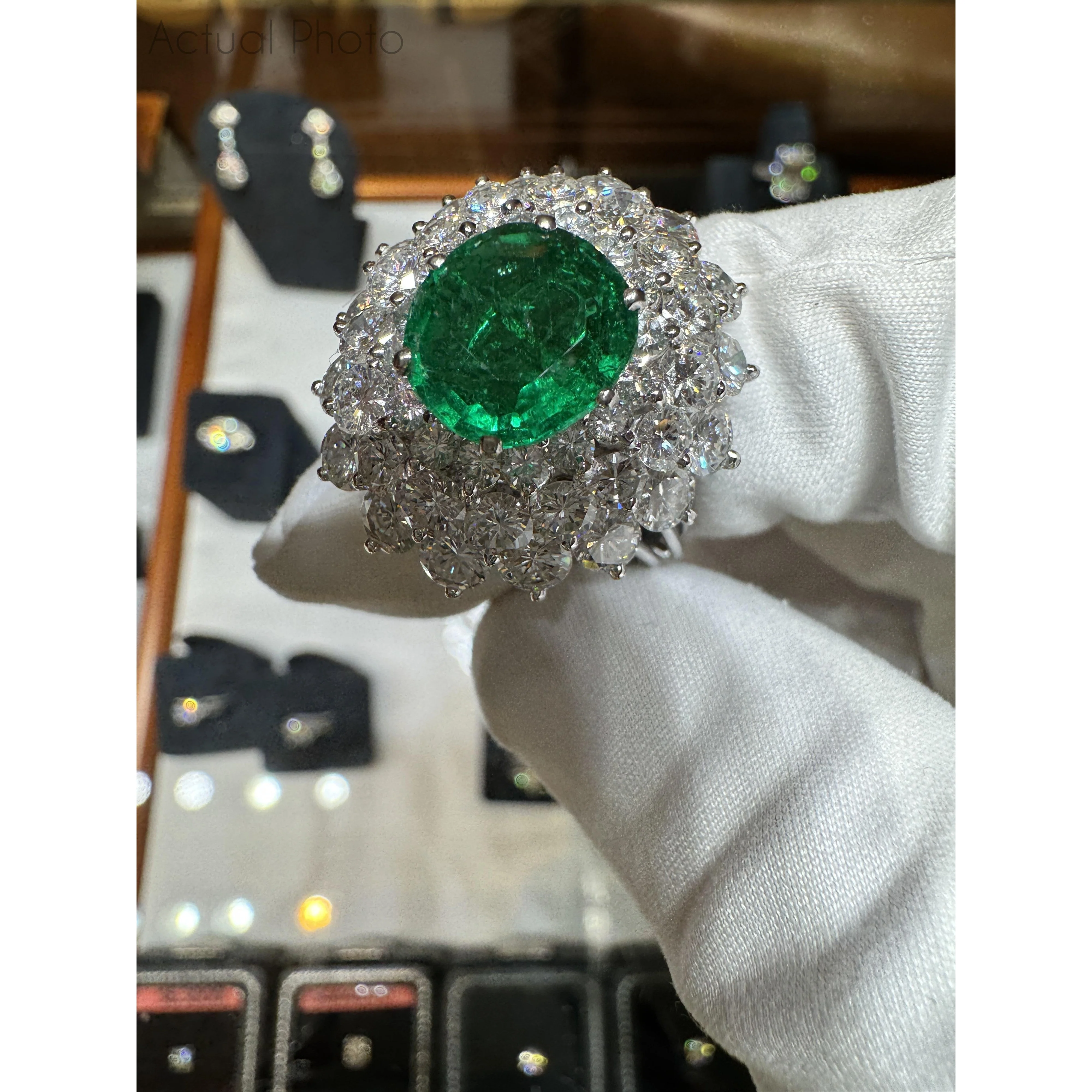 3.19 Carat Oval Cut Emerald Minor Oil & Diamond Cluster Platinum Vintage Ring - Image 5