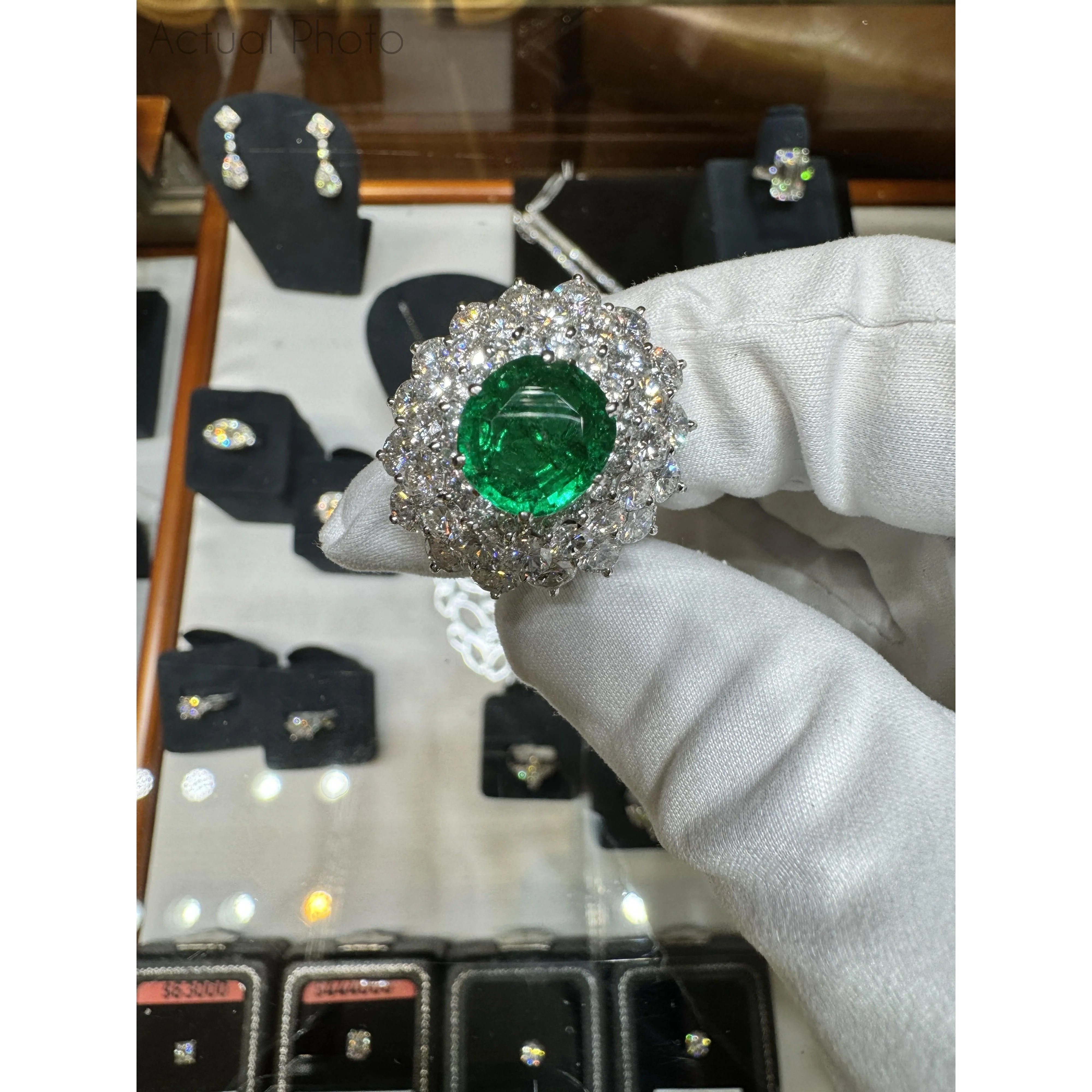 3.19 Carat Oval Cut Emerald Minor Oil & Diamond Cluster Platinum Vintage Ring - Image 6