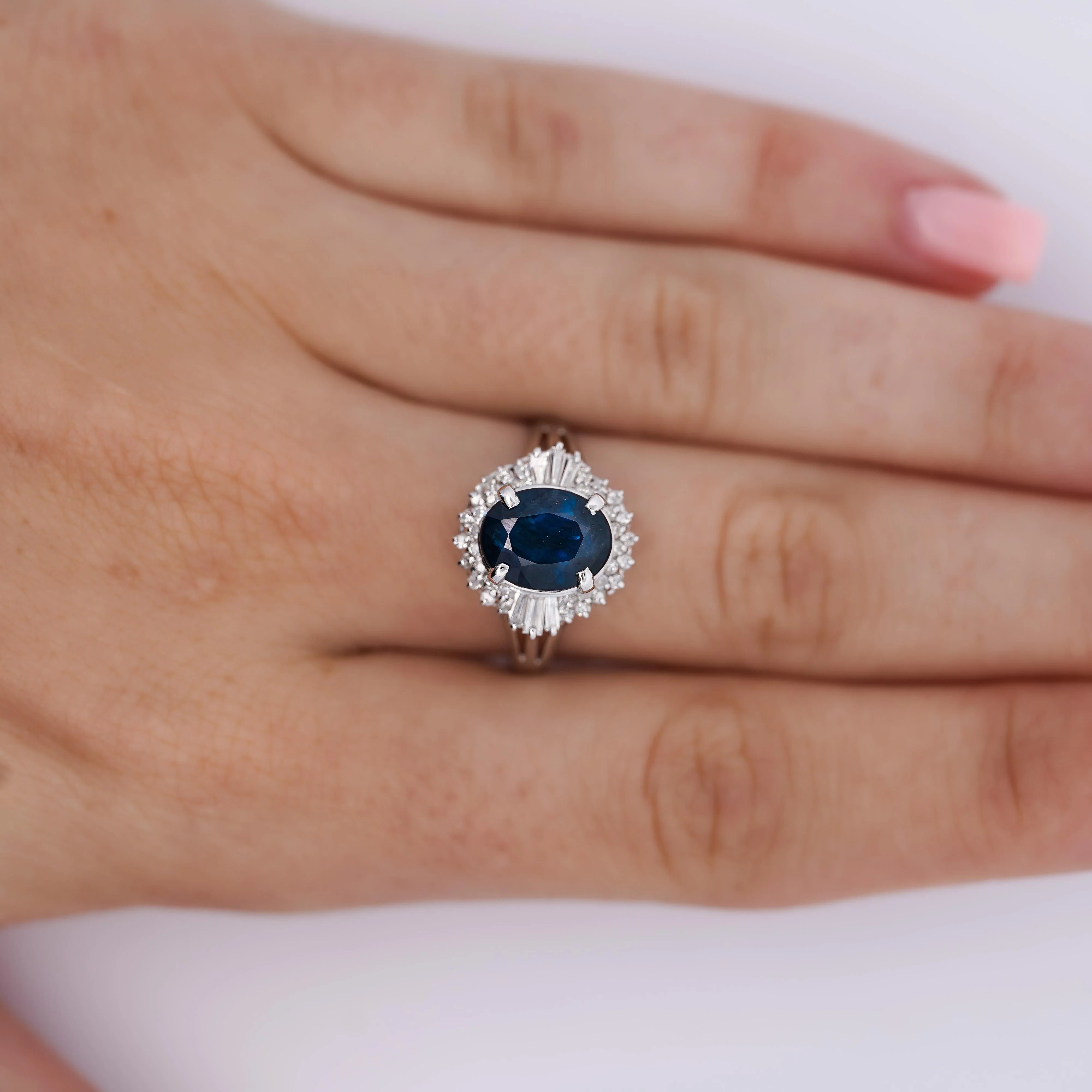 3.21 Carat Oval Cut Blue Sapphire and Diamond in Platinum Ring - Image 3