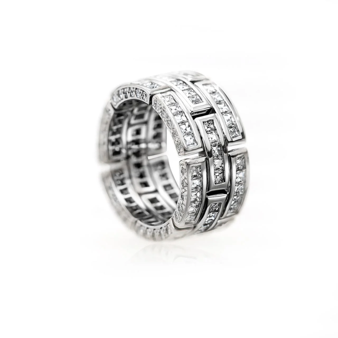 3.25 Carat Carre Square Diamond 18K White Gold 3 Row Brick Pattern Band Ring - Image 4