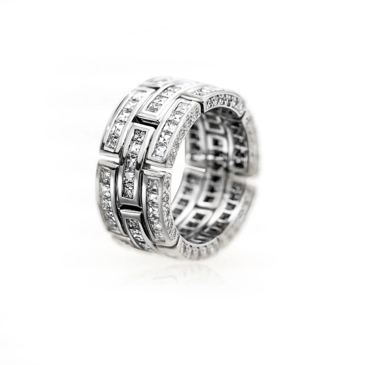 3.25 Carat Carre Square Diamond 18K White Gold 3 Row Brick Pattern Band Ring - Image 5