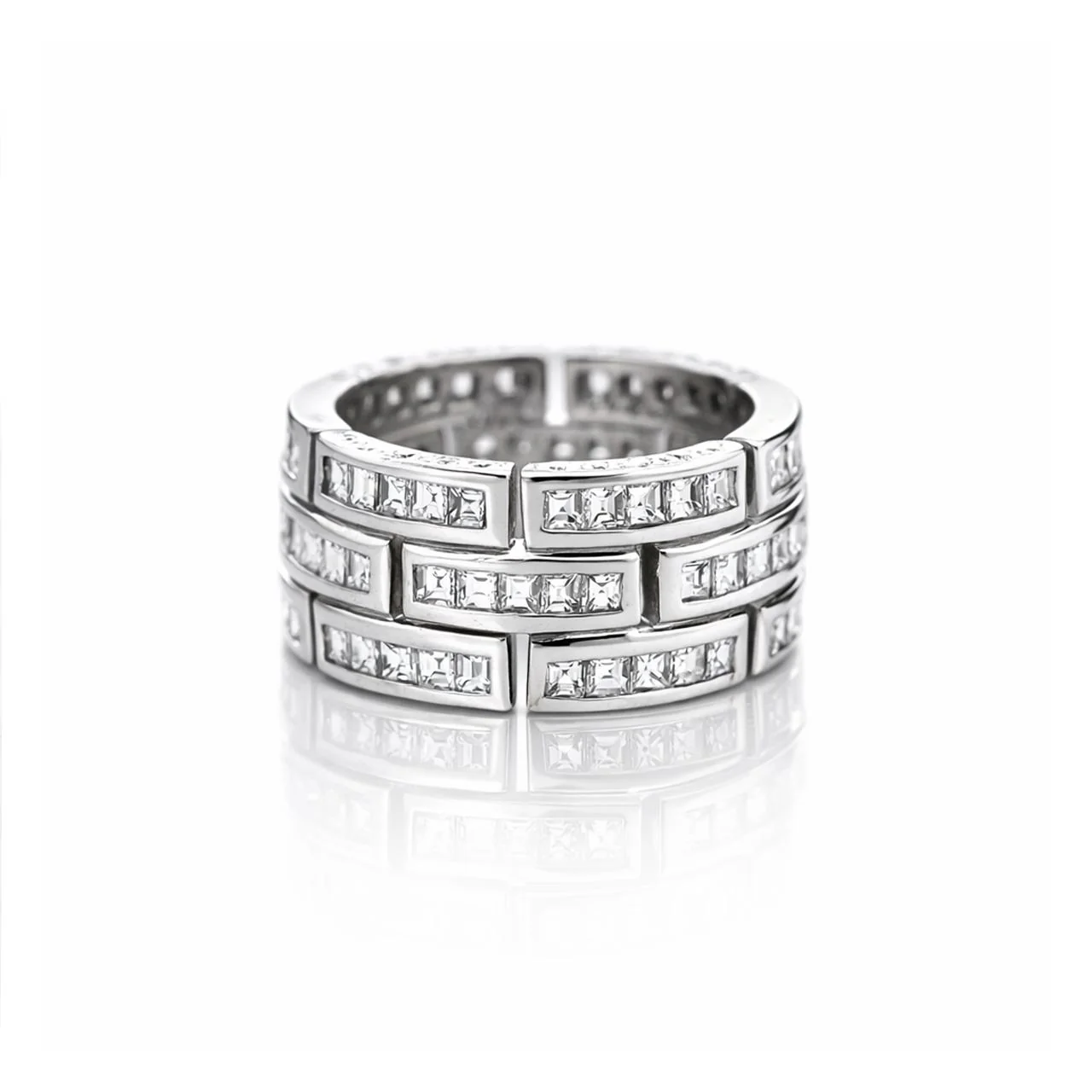 3.25 Carat Carre Square Diamond 18K White Gold 3 Row Brick Pattern Band Ring - Image 6