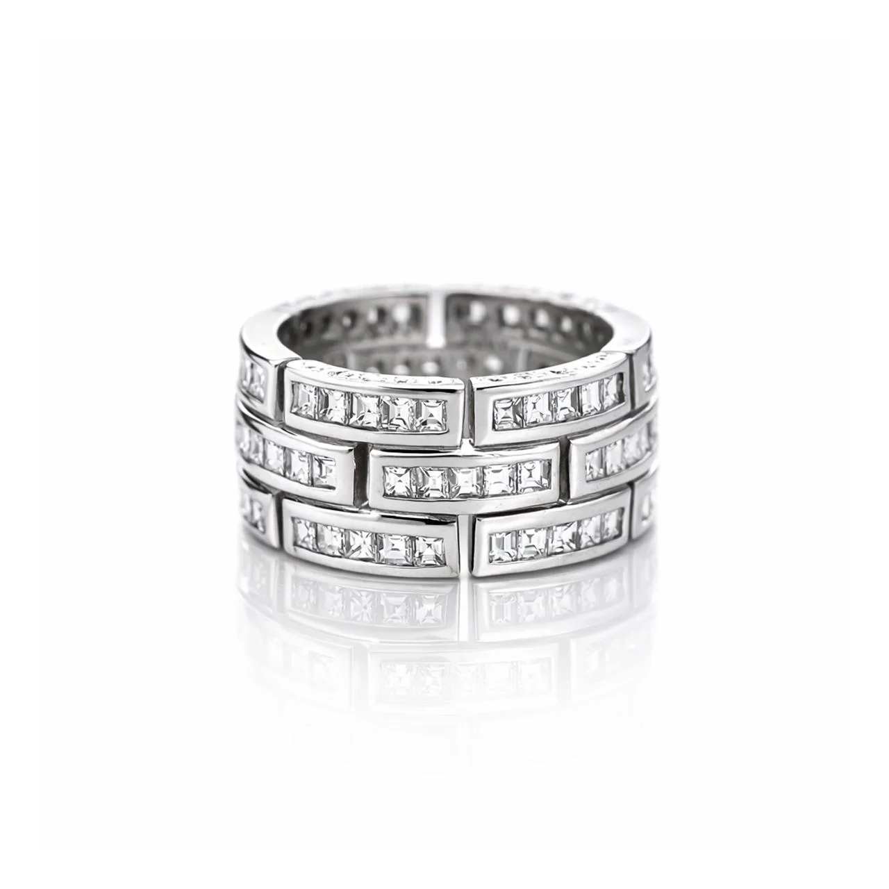 3.25 Carat Carre Square Diamond 18K White Gold 3 Row Brick Pattern Band Ring - Image 9