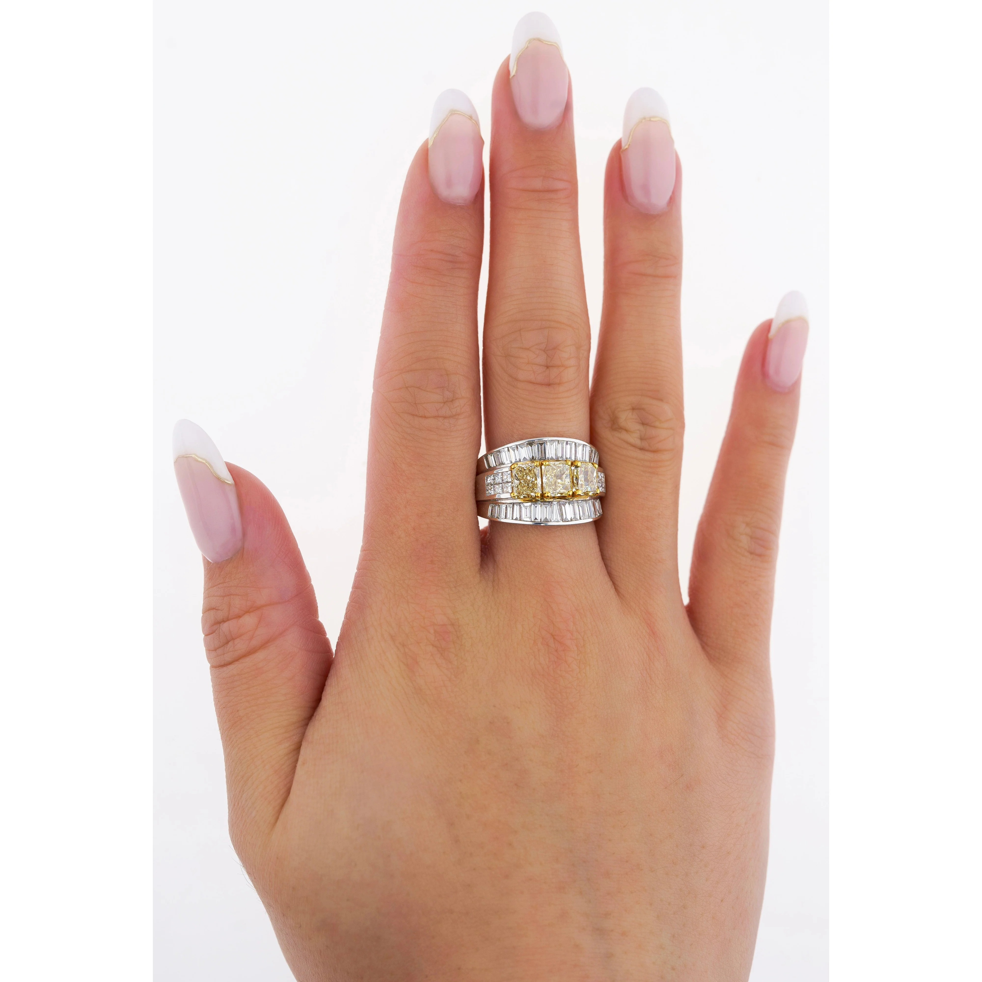 3.28 Carat TW Natural Radiant Cut Fancy Yellow Diamond 3-Stone Ring in 18K White Gold - Image 10