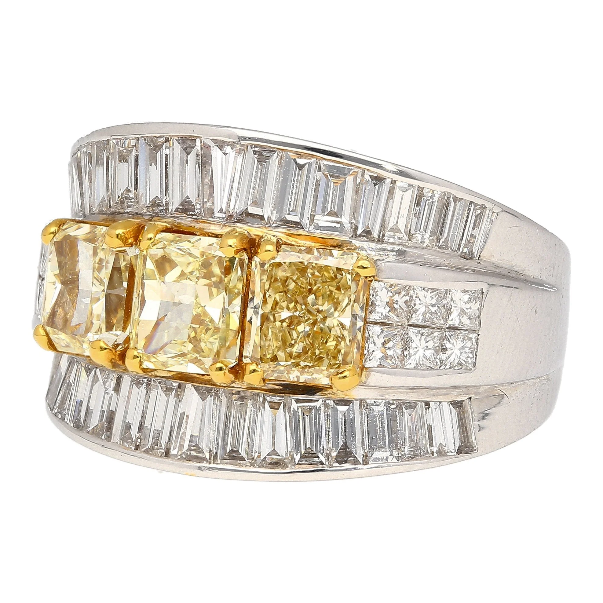 3.28 Carat TW Natural Radiant Cut Fancy Yellow Diamond 3-Stone Ring in 18K White Gold - Image 3