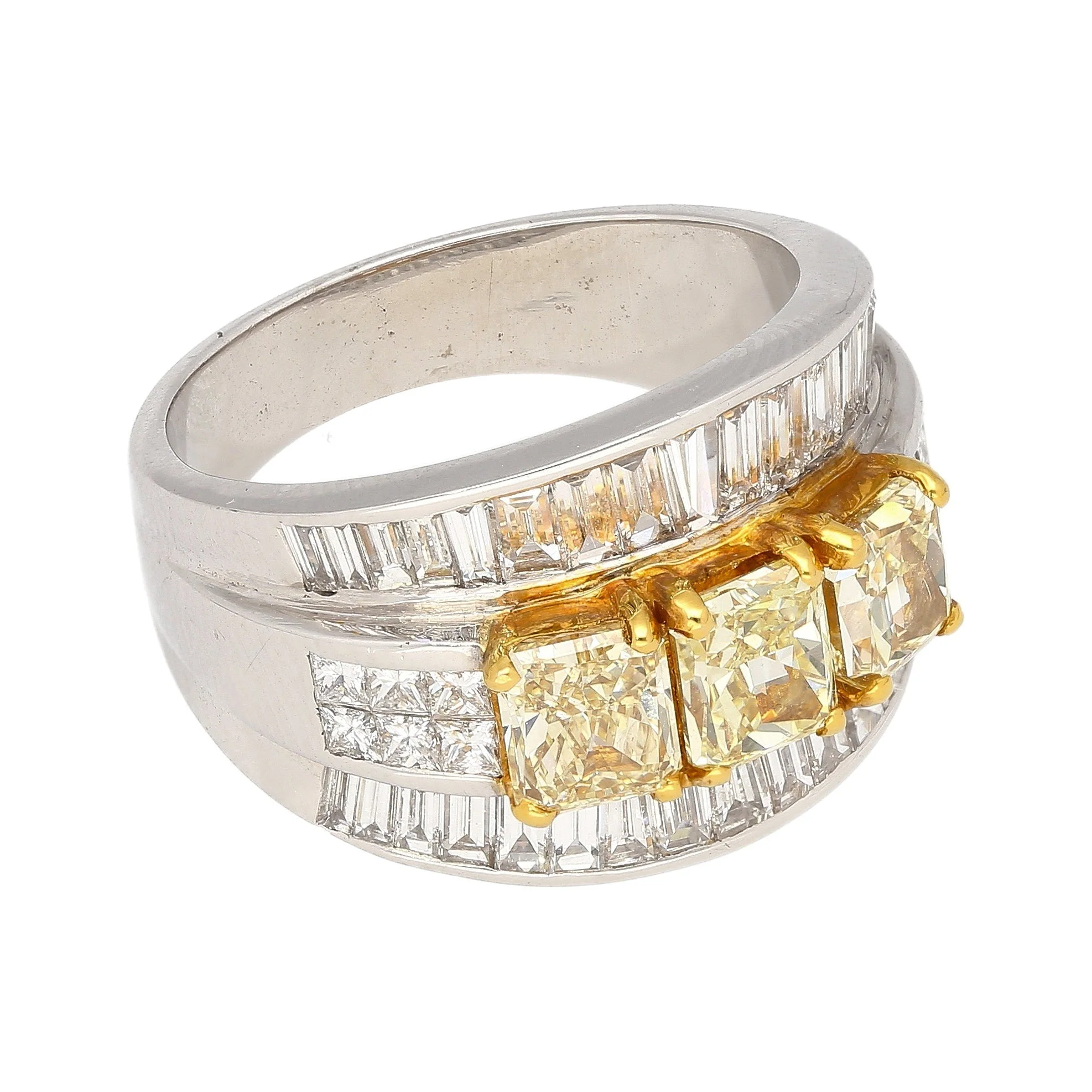 3.28 Carat TW Natural Radiant Cut Fancy Yellow Diamond 3-Stone Ring in 18K White Gold - Image 4