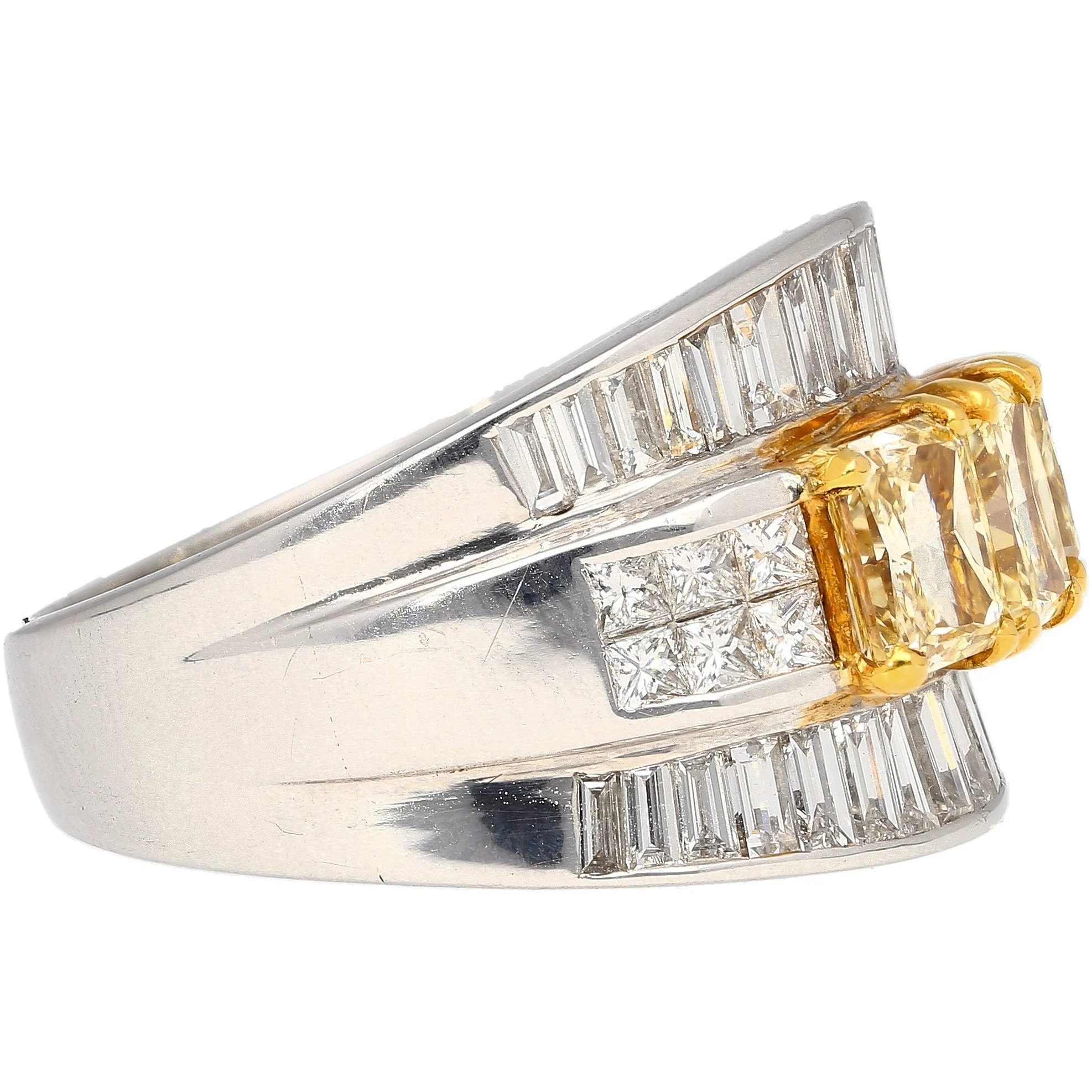 3.28 Carat TW Natural Radiant Cut Fancy Yellow Diamond 3-Stone Ring in 18K White Gold - Image 6