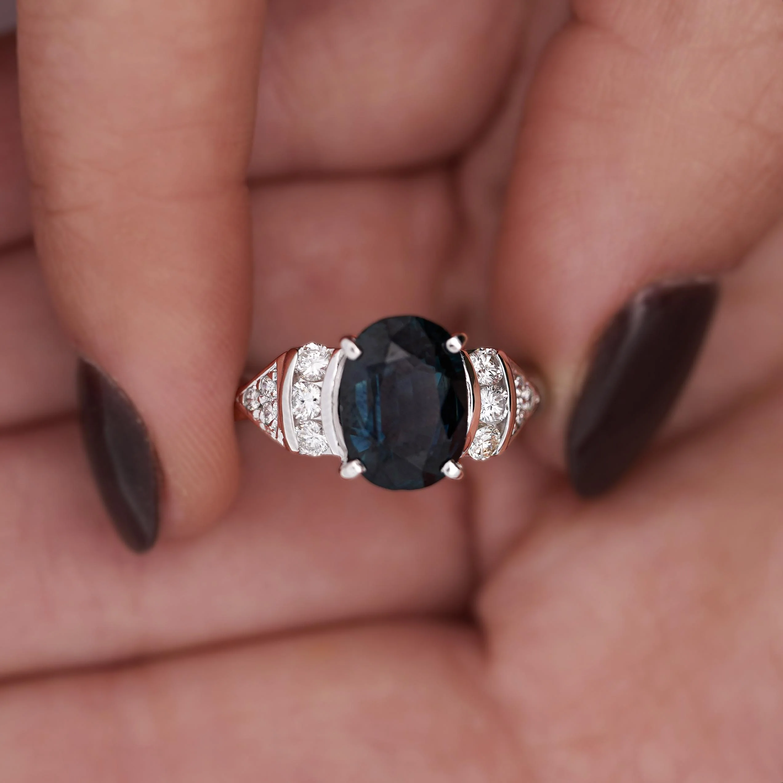3.29 Carat Oval Blue Sapphire & Diamond in Platinum Engagement Ring - Image 3