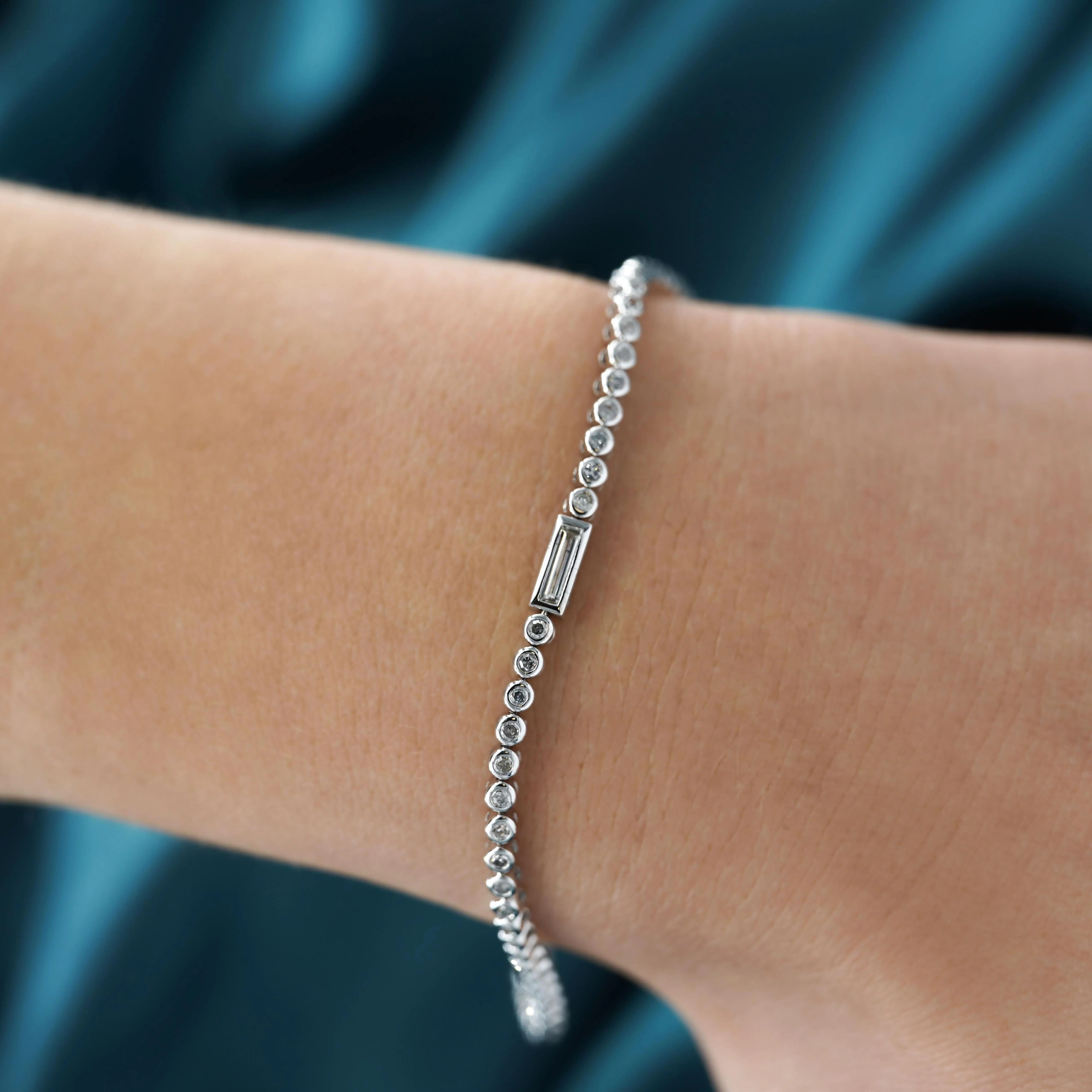 3/4 Carat Baguette & Round Diamond Bezel Set 14K White Gold Tennis Bracelet - Image 3