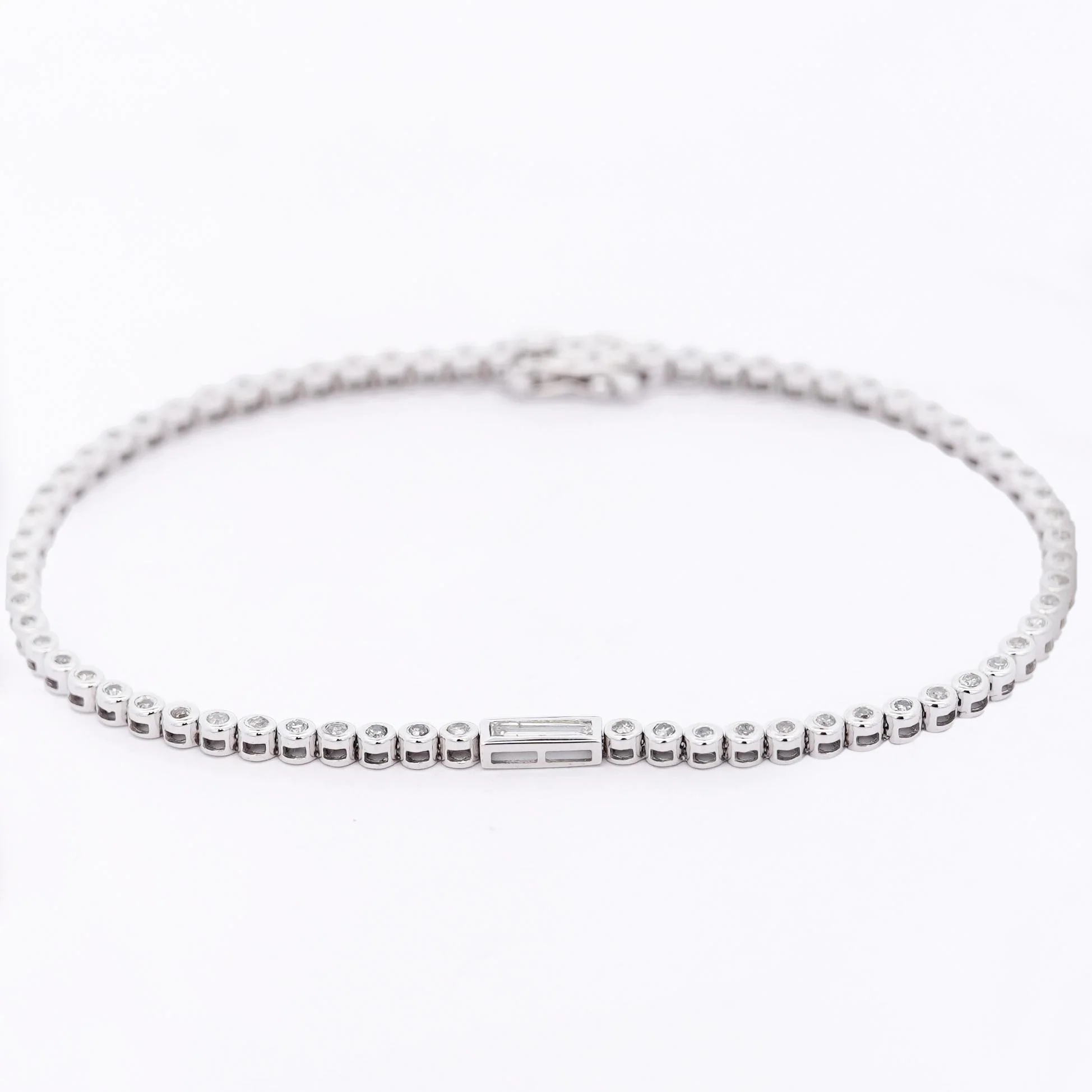 3/4 Carat Baguette & Round Diamond Bezel Set 14K White Gold Tennis Bracelet - Image 4