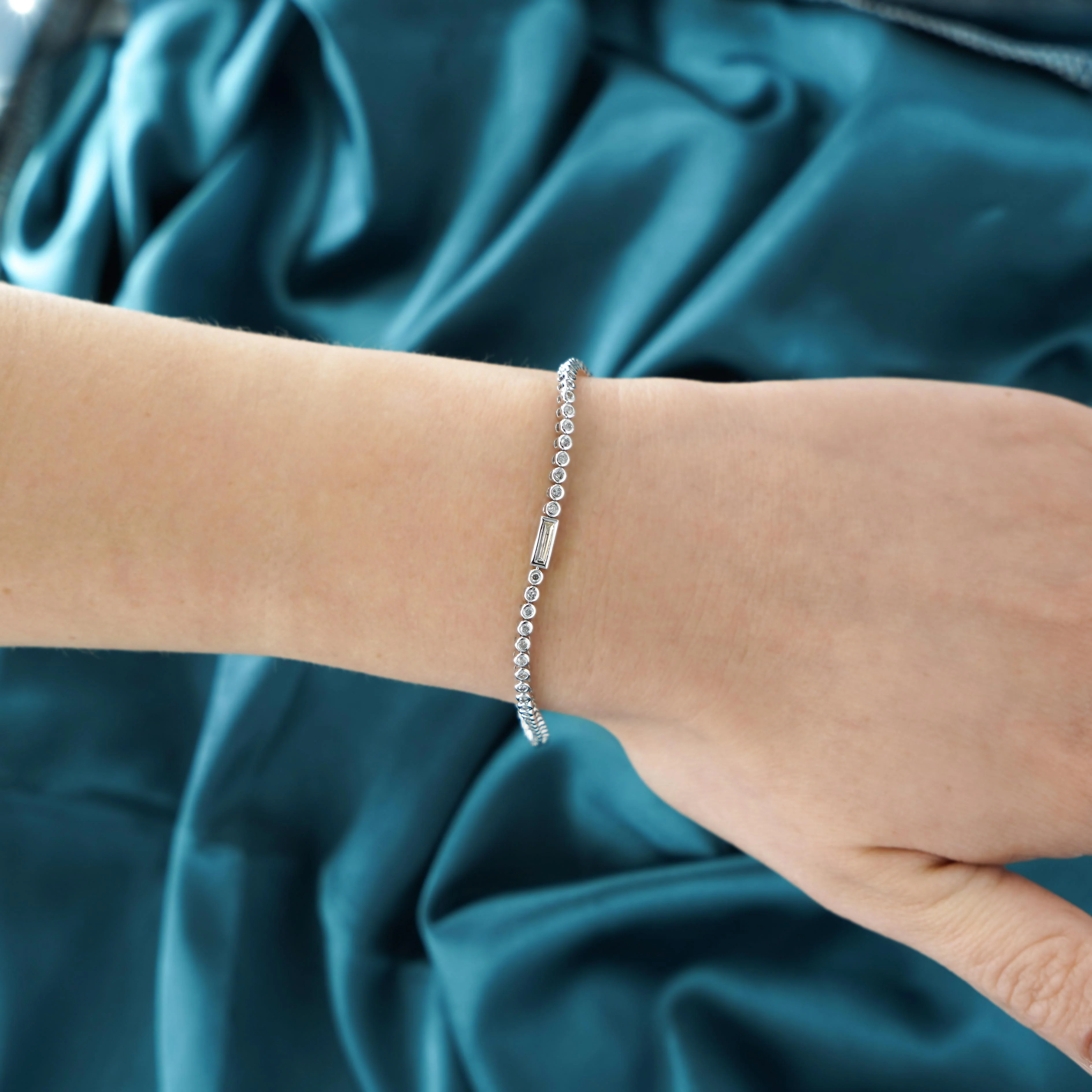 3/4 Carat Baguette & Round Diamond Bezel Set 14K White Gold Tennis Bracelet - Image 5
