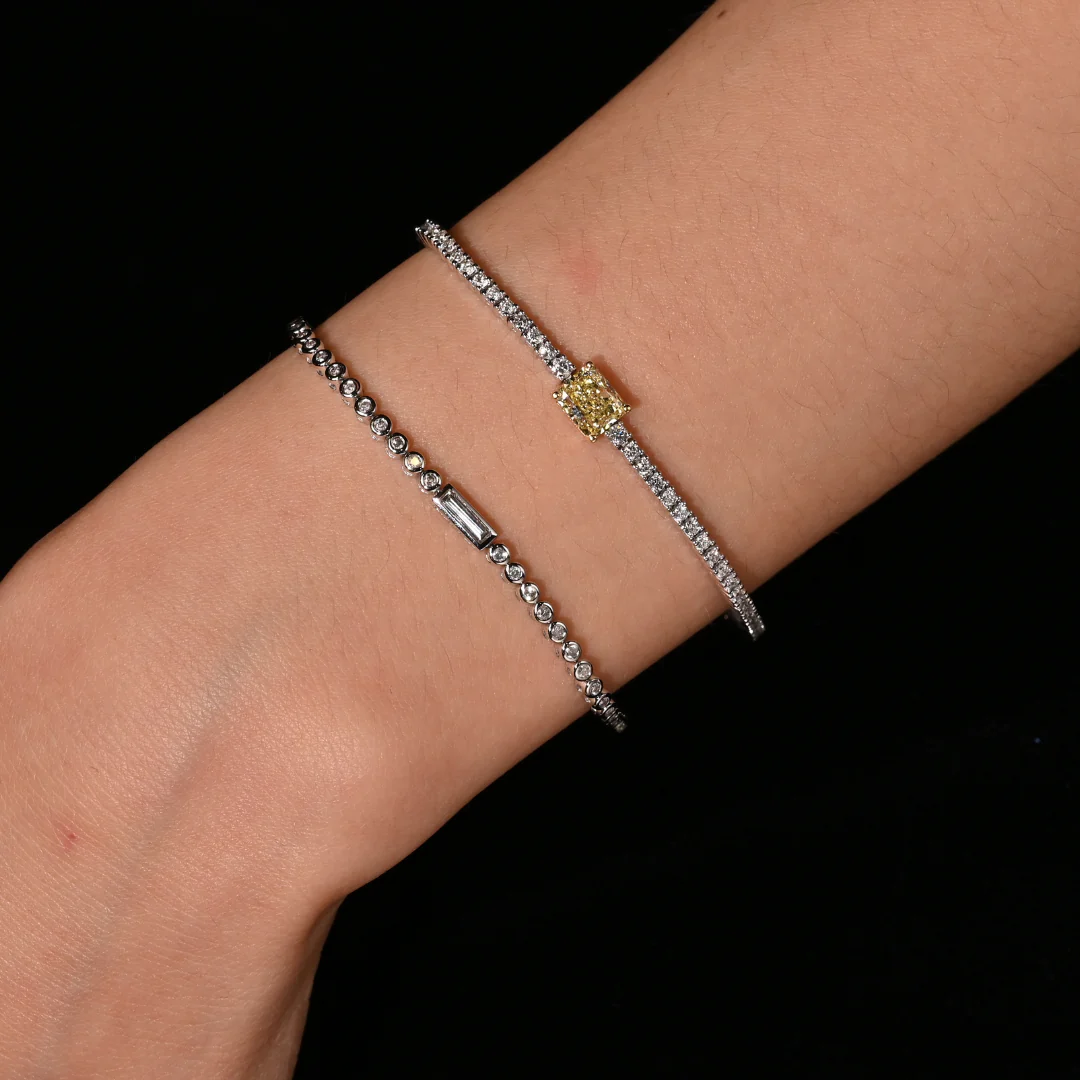 3/4 Carat Baguette & Round Diamond Bezel Set 14K White Gold Tennis Bracelet - Image 9