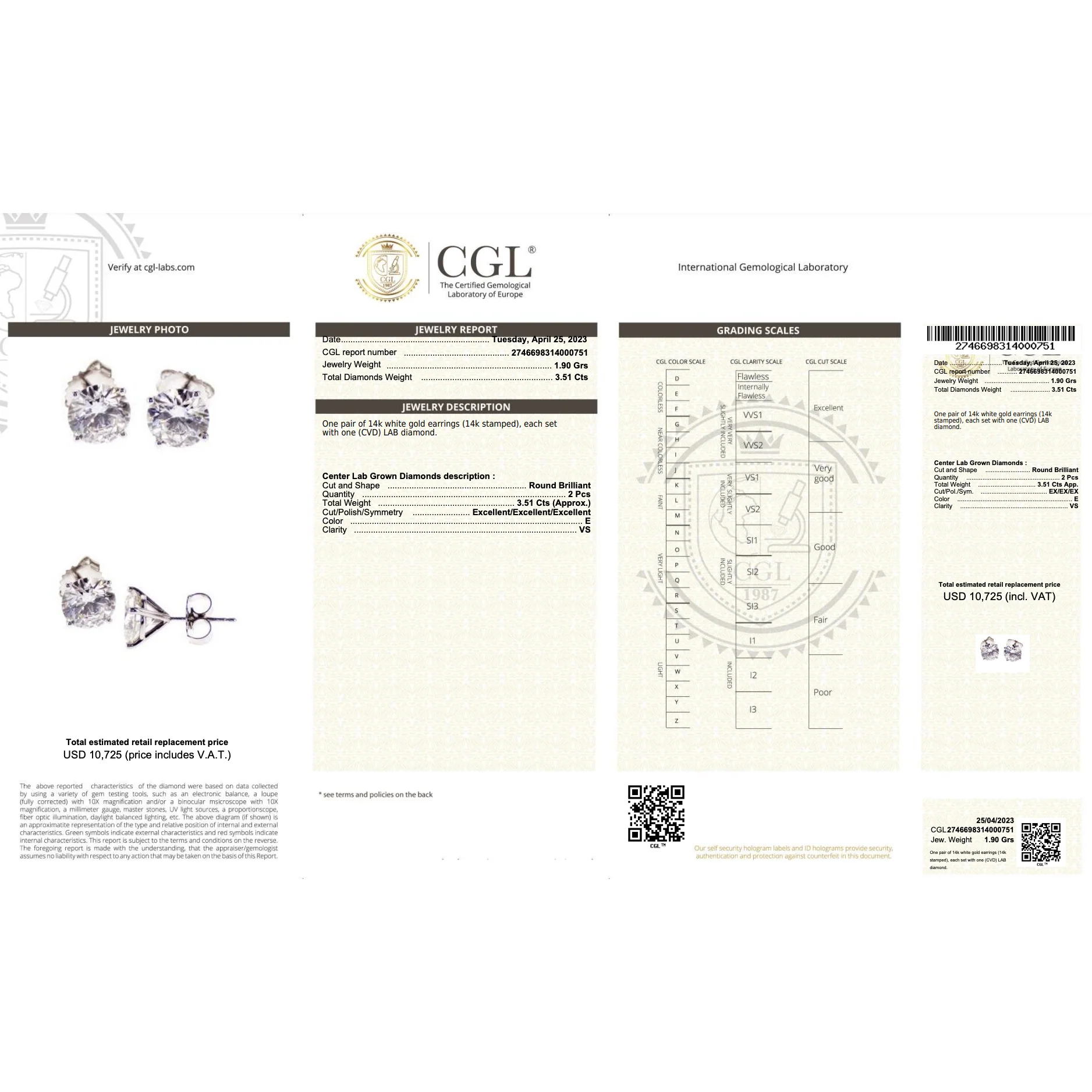 3.51 CTTW Round Lab Grown Diamond Stud Earrings in 4-Prong Martini Setting - Image 4