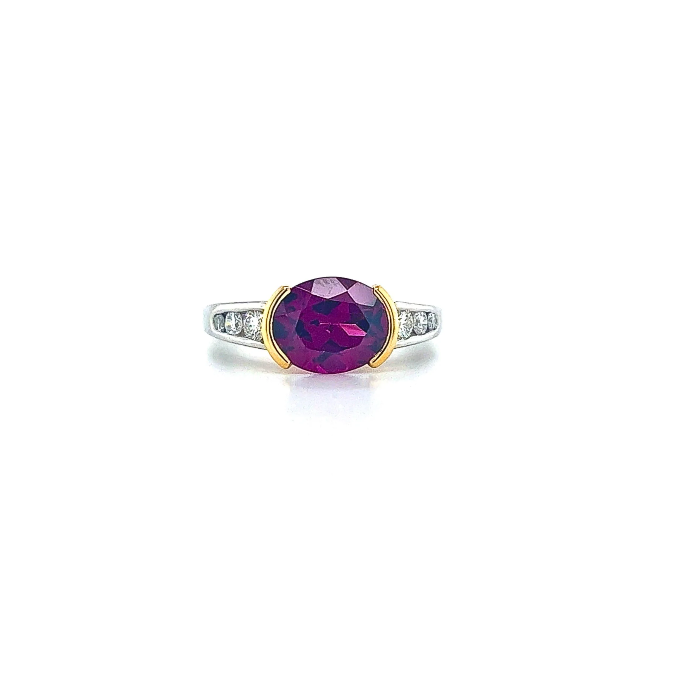 3.50 Carat Oval Cut Rubellite Tourmaline East West Ring with Tsavorite, Diamond, Platinum & 18k Gold - Image 2
