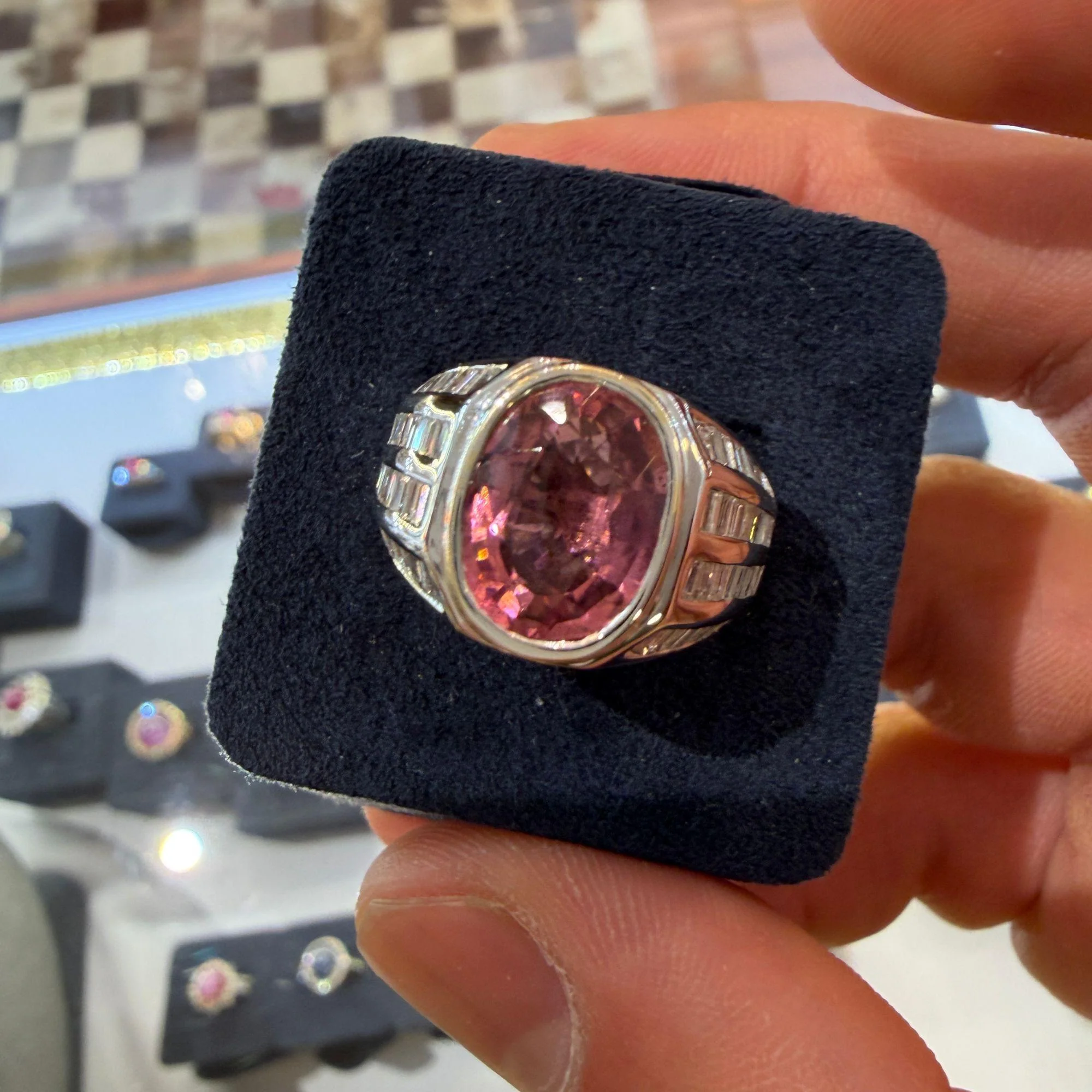 3.59 Carat Oval Pink Tourmaline and Baguette Diamond 18K White Gold Unisex Ring - Image 10