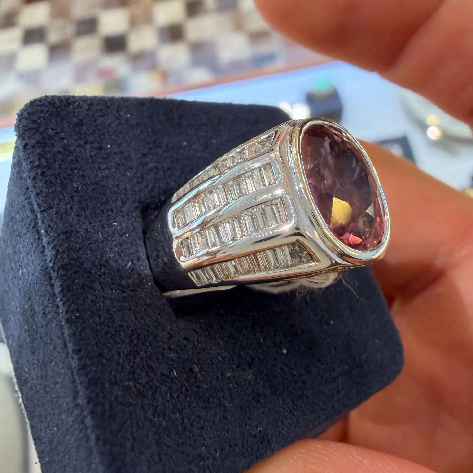 3.59 Carat Oval Pink Tourmaline and Baguette Diamond 18K White Gold Unisex Ring - Image 11