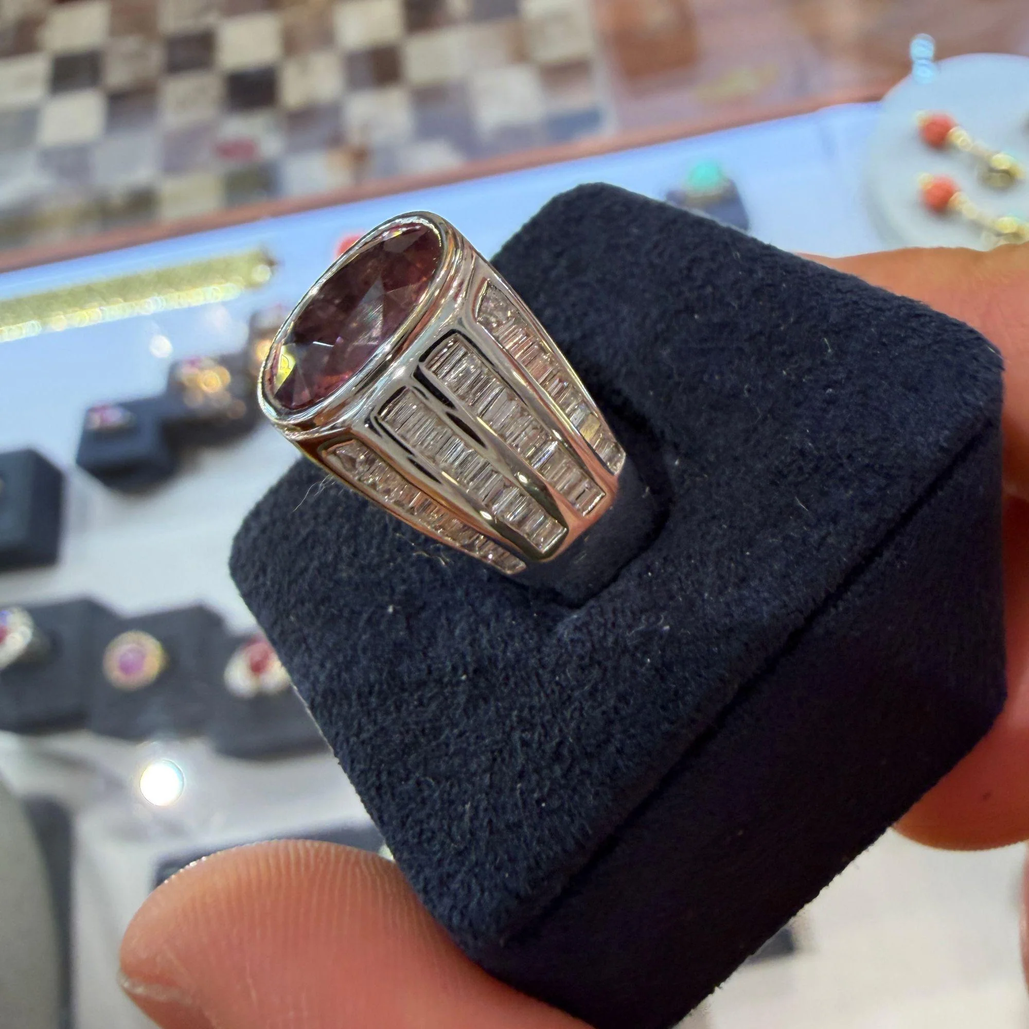 3.59 Carat Oval Pink Tourmaline and Baguette Diamond 18K White Gold Unisex Ring - Image 12