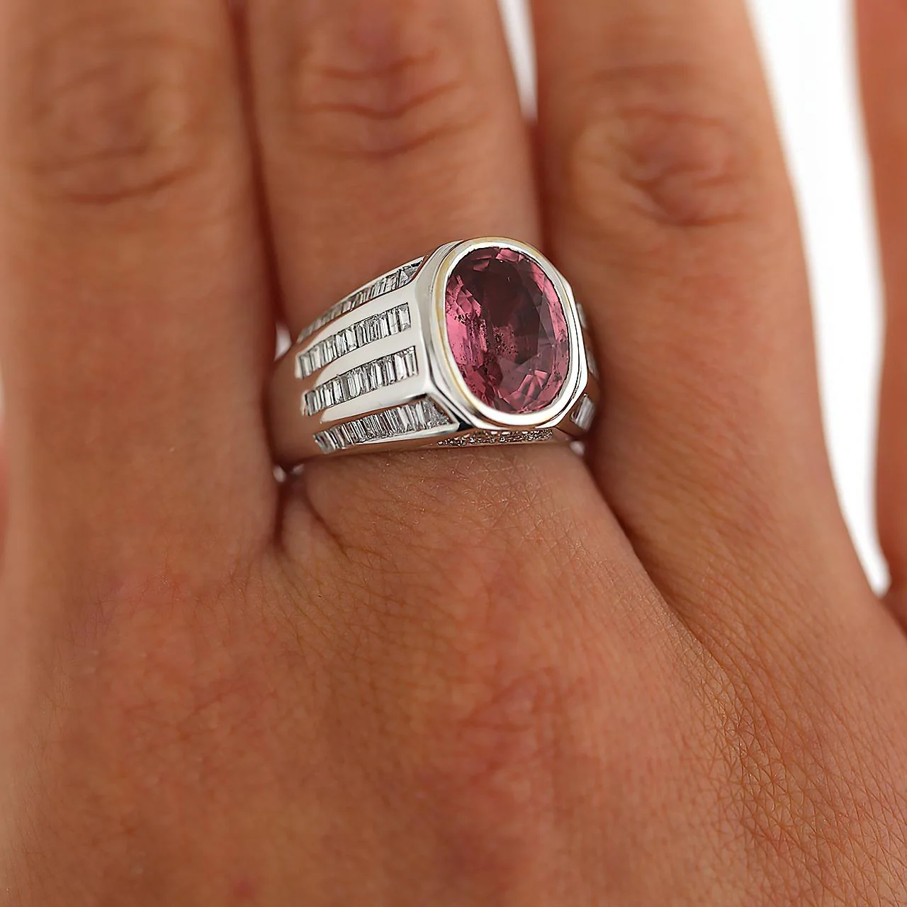 3.59 Carat Oval Pink Tourmaline and Baguette Diamond 18K White Gold Unisex Ring - Image 14