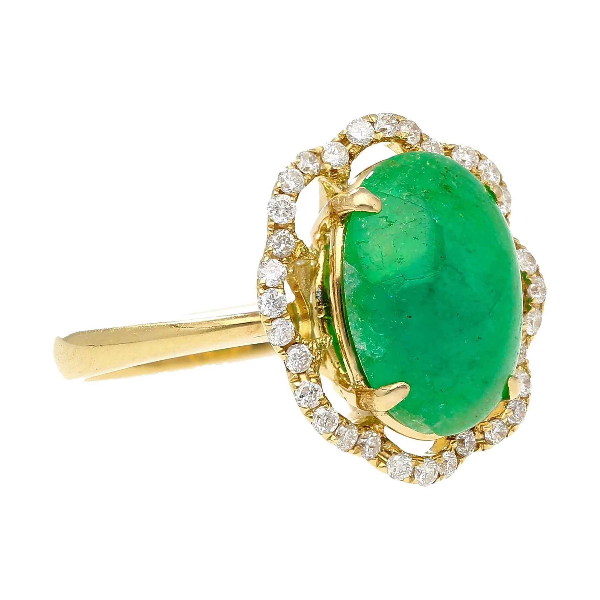 3.6 Carat Cabochon Emerald and Diamond Flower Halo 18K Gold Ring - Image 2