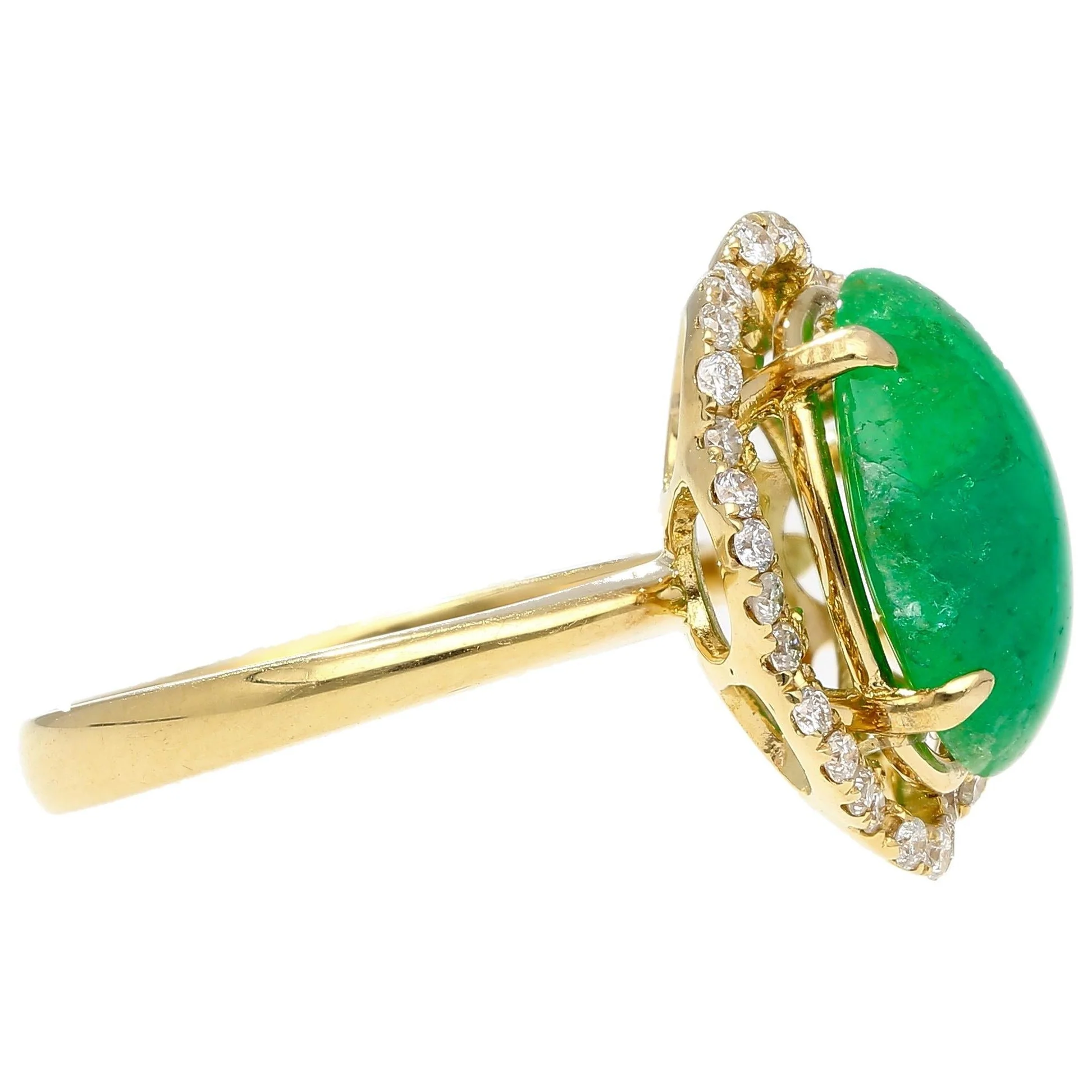 3.6 Carat Cabochon Emerald and Diamond Flower Halo 18K Gold Ring - Image 3