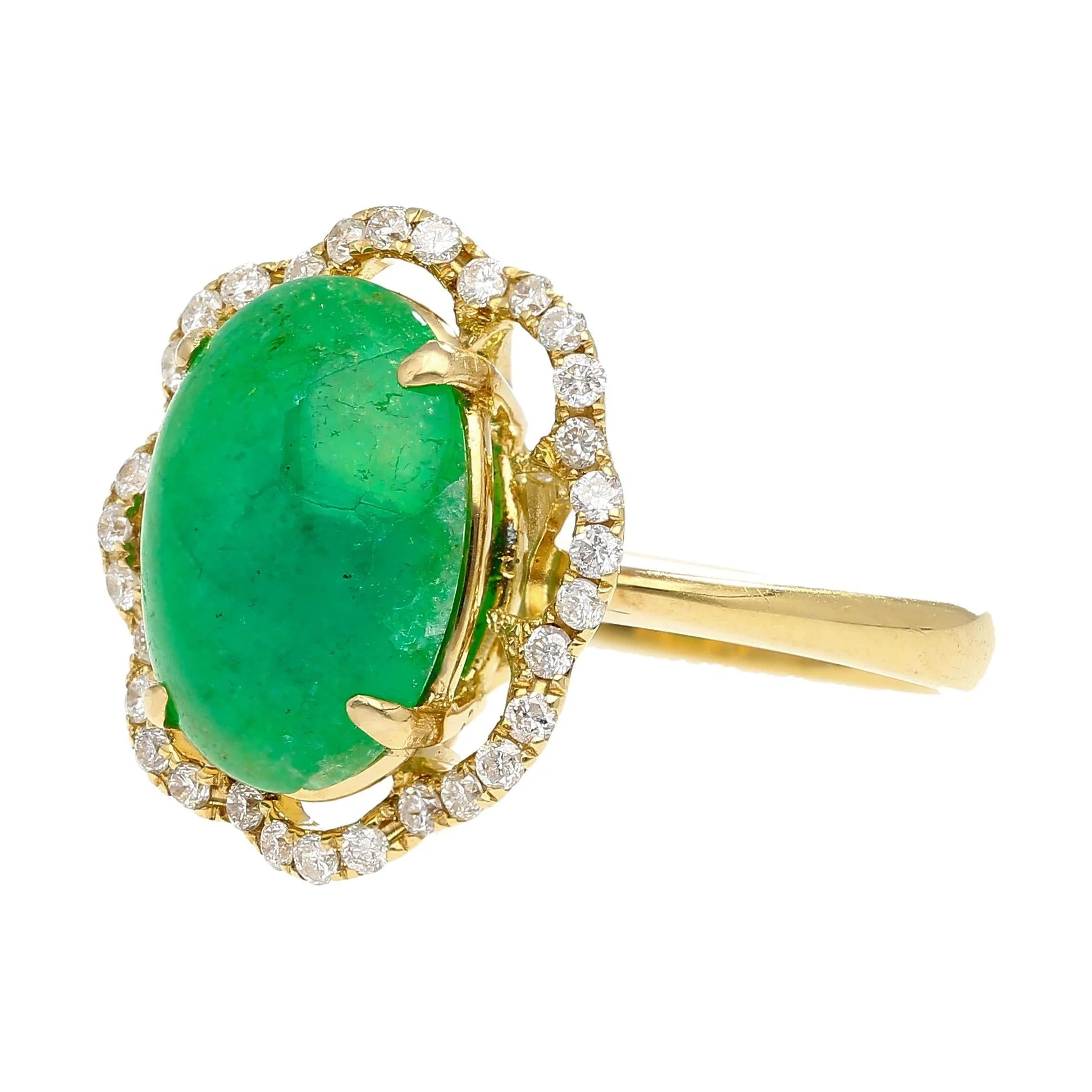3.6 Carat Cabochon Emerald and Diamond Flower Halo 18K Gold Ring - Image 5