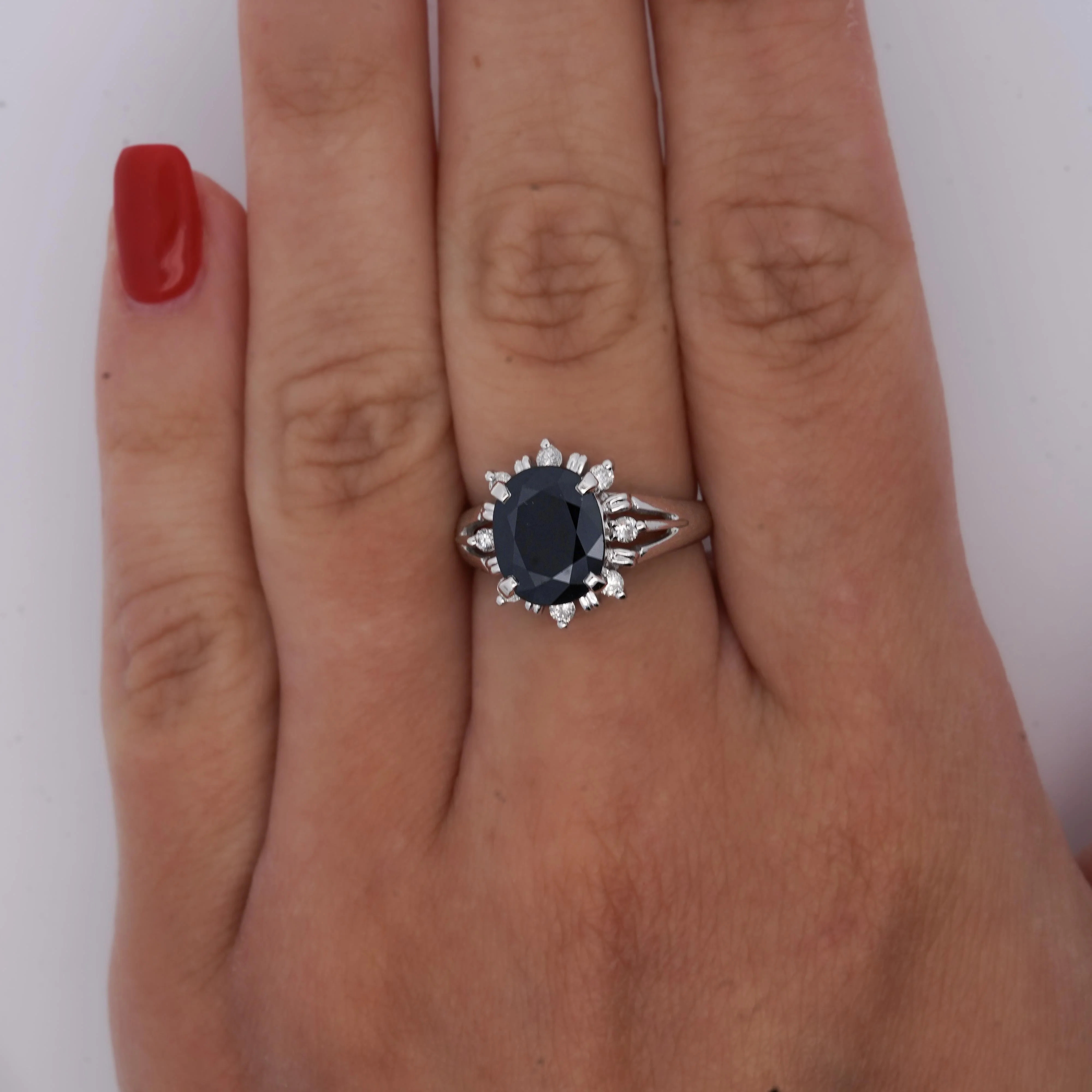 3.62 Carat Oval Blue Sapphire and Diamond Halo Platinum Split Ring - Image 2