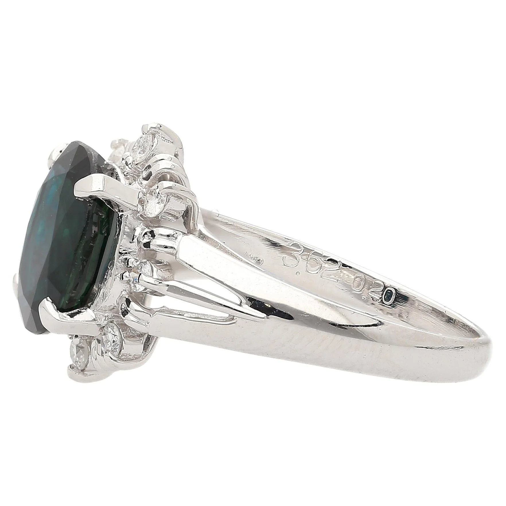 3.62 Carat Oval Blue Sapphire and Diamond Halo Platinum Split Ring - Image 6