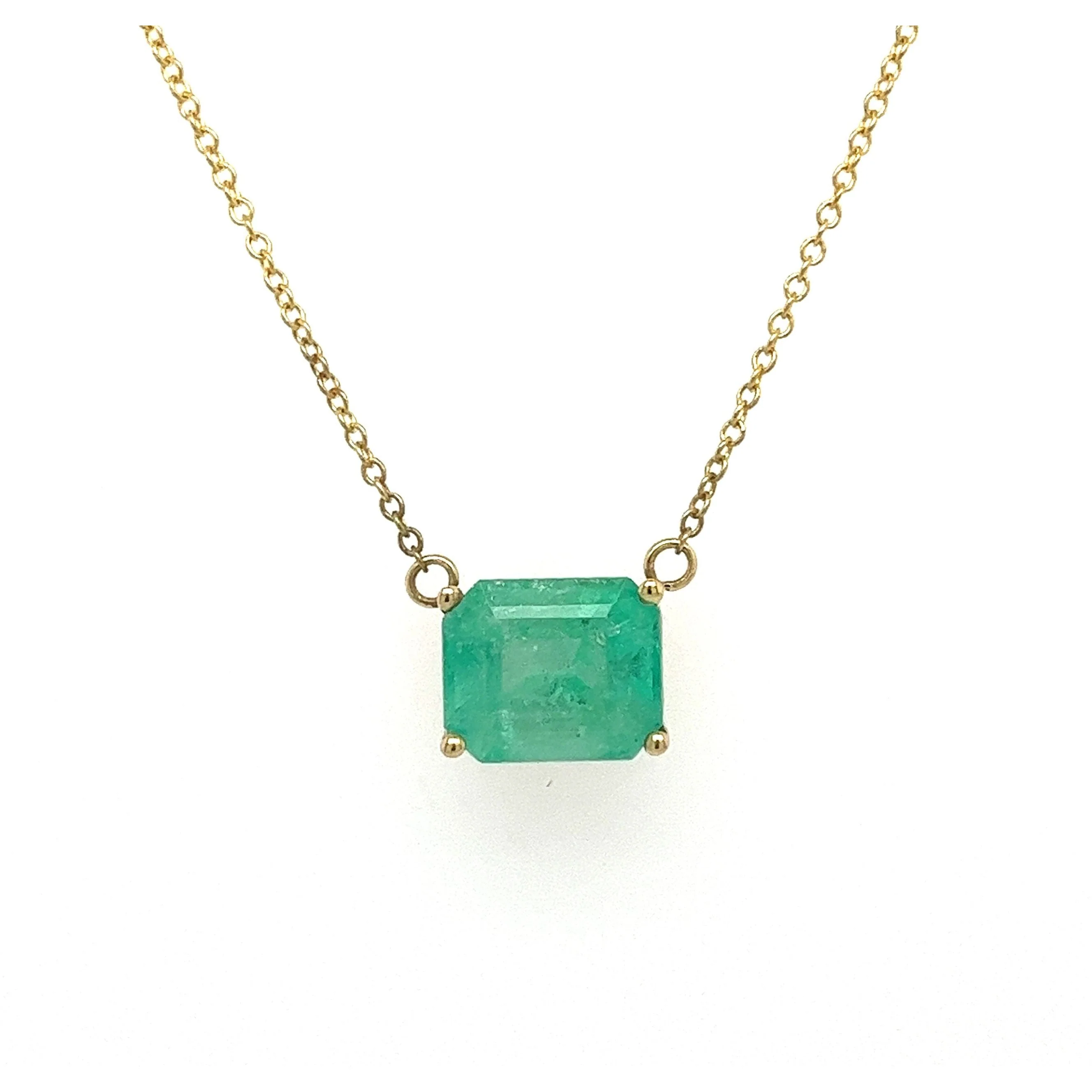 3.66 Carat Emerald Cut Colombian Emerald Solitaire East West Pendant Necklace in 14K Yellow Gold - Image 2