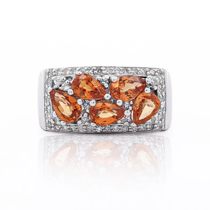 3.75 Carat Pear-Cut Orange Sapphire and Diamond Cluster 14K Gold Ring