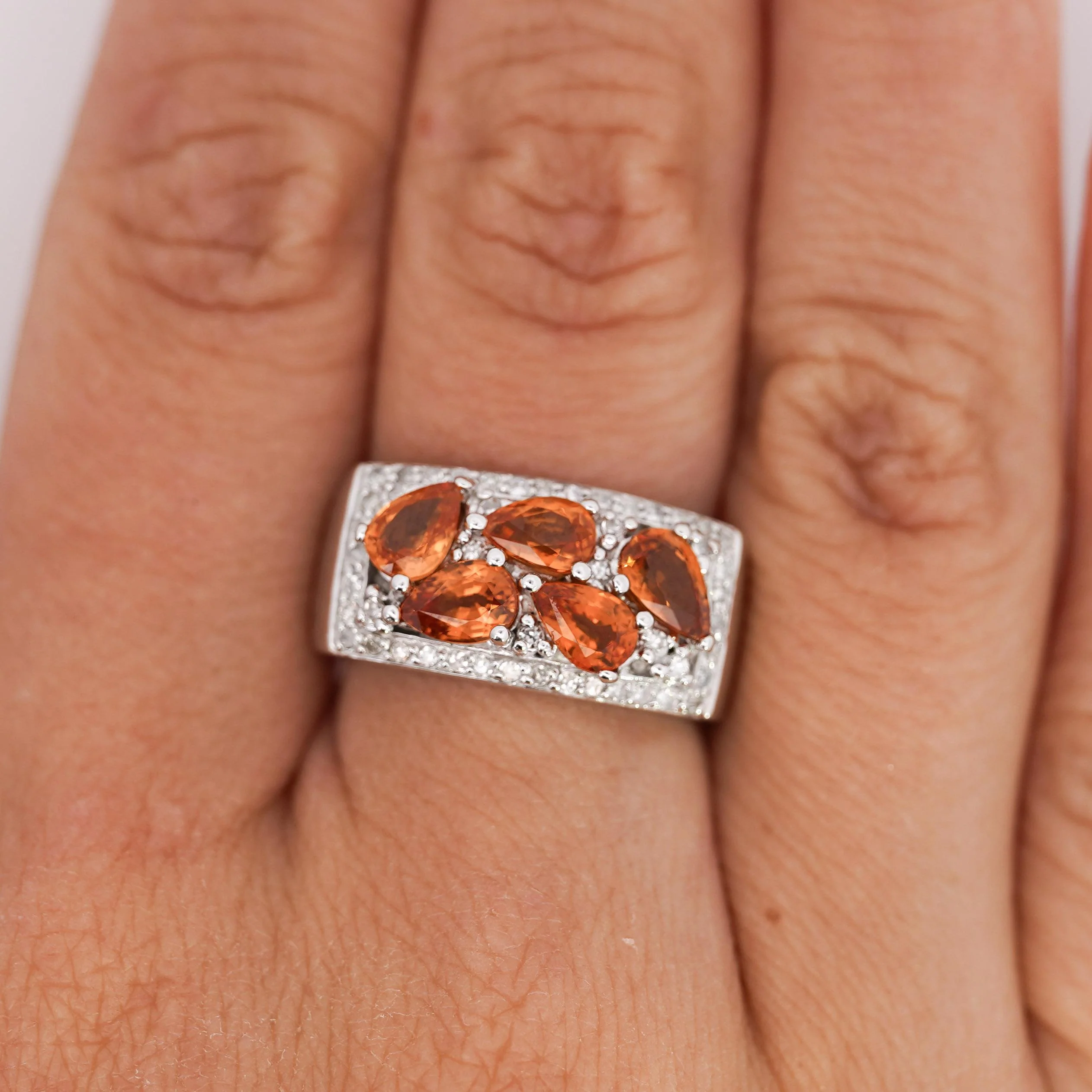 3.75 Carat Pear-Cut Orange Sapphire and Diamond Cluster 14K Gold Ring - Image 6