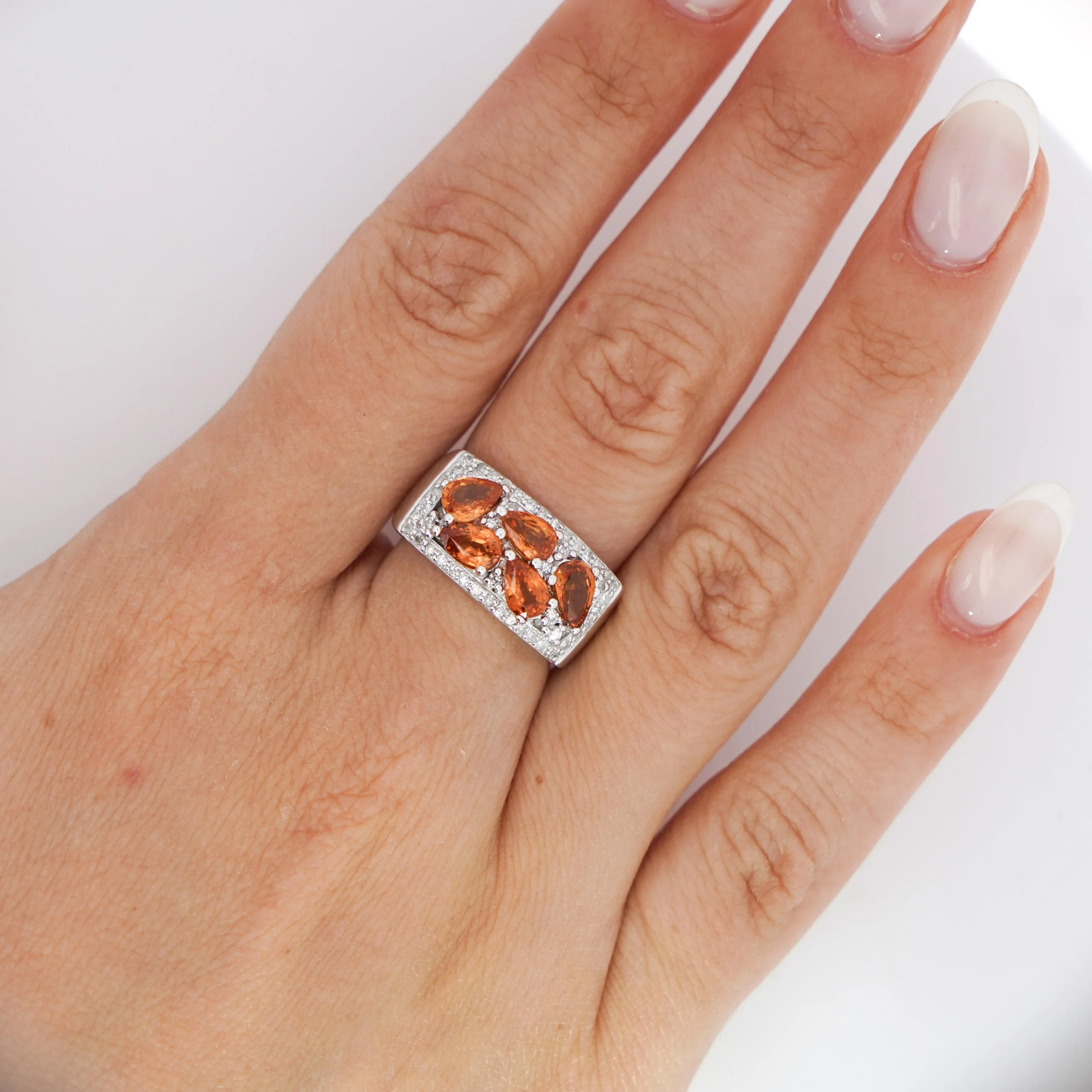 3.75 Carat Pear-Cut Orange Sapphire and Diamond Cluster 14K Gold Ring - Image 7