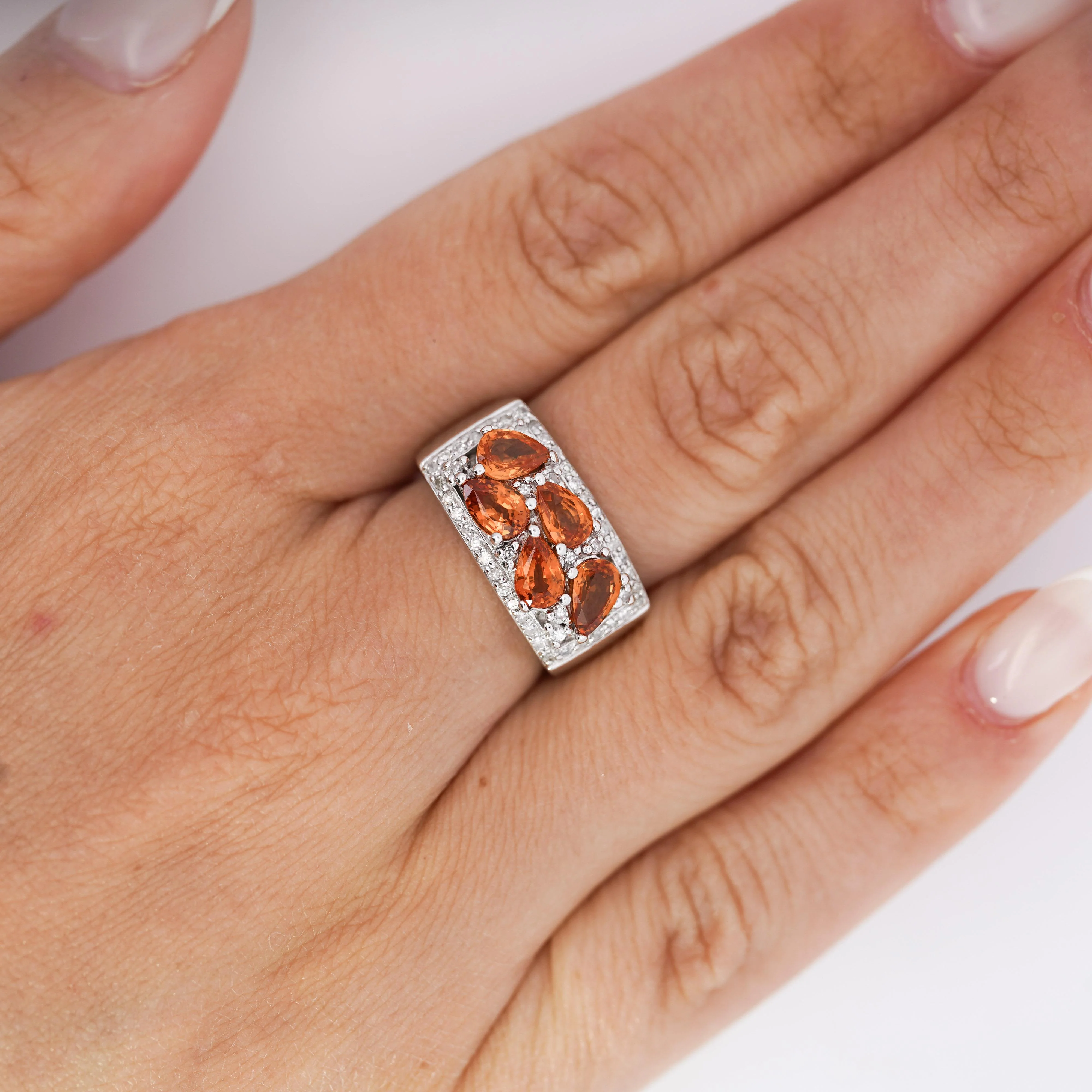 3.75 Carat Pear-Cut Orange Sapphire and Diamond Cluster 14K Gold Ring - Image 8