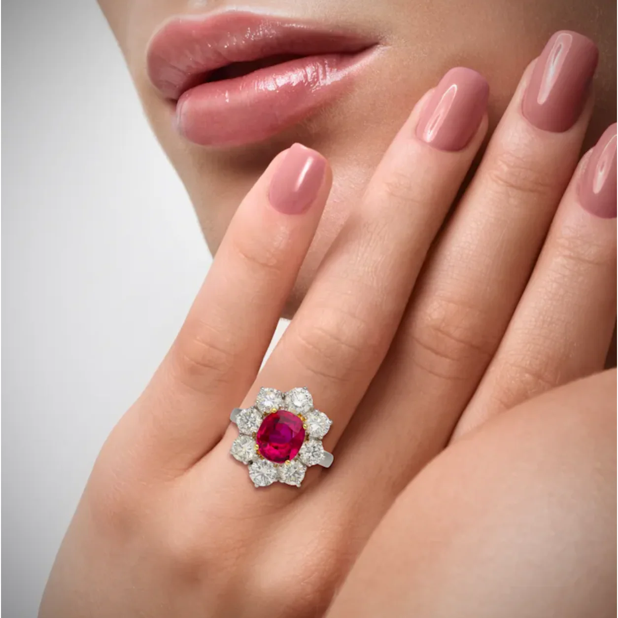 3.80 Carat Oval Cut No Heat Burma Ruby Ring With Round Diamond Halo in Platinum - Image 2