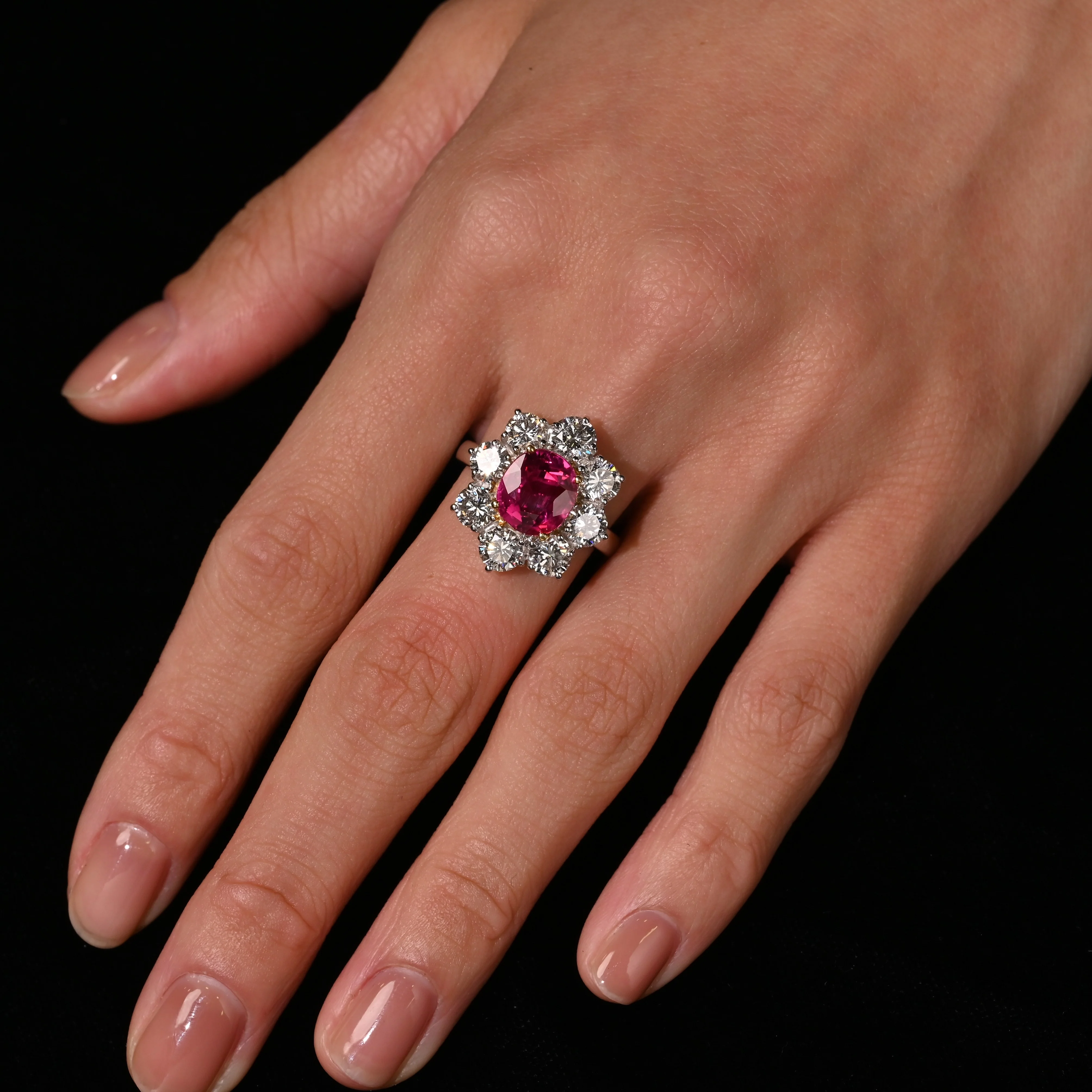 3.80 Carat Oval Cut No Heat Burma Ruby Ring With Round Diamond Halo in Platinum - Image 3